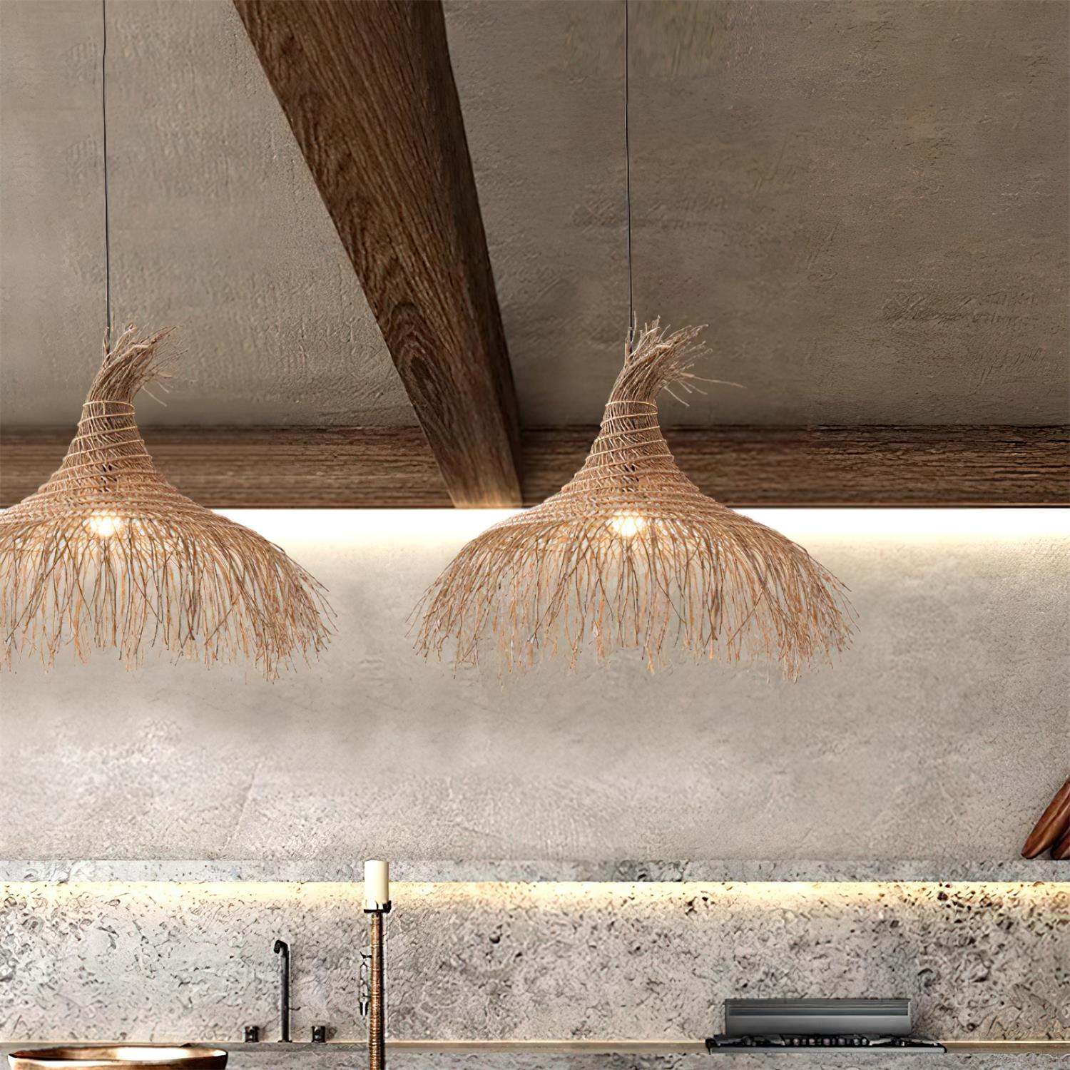 Pendant Light Handwoven Rattan Shade Metal Frame Bohemian Natural
