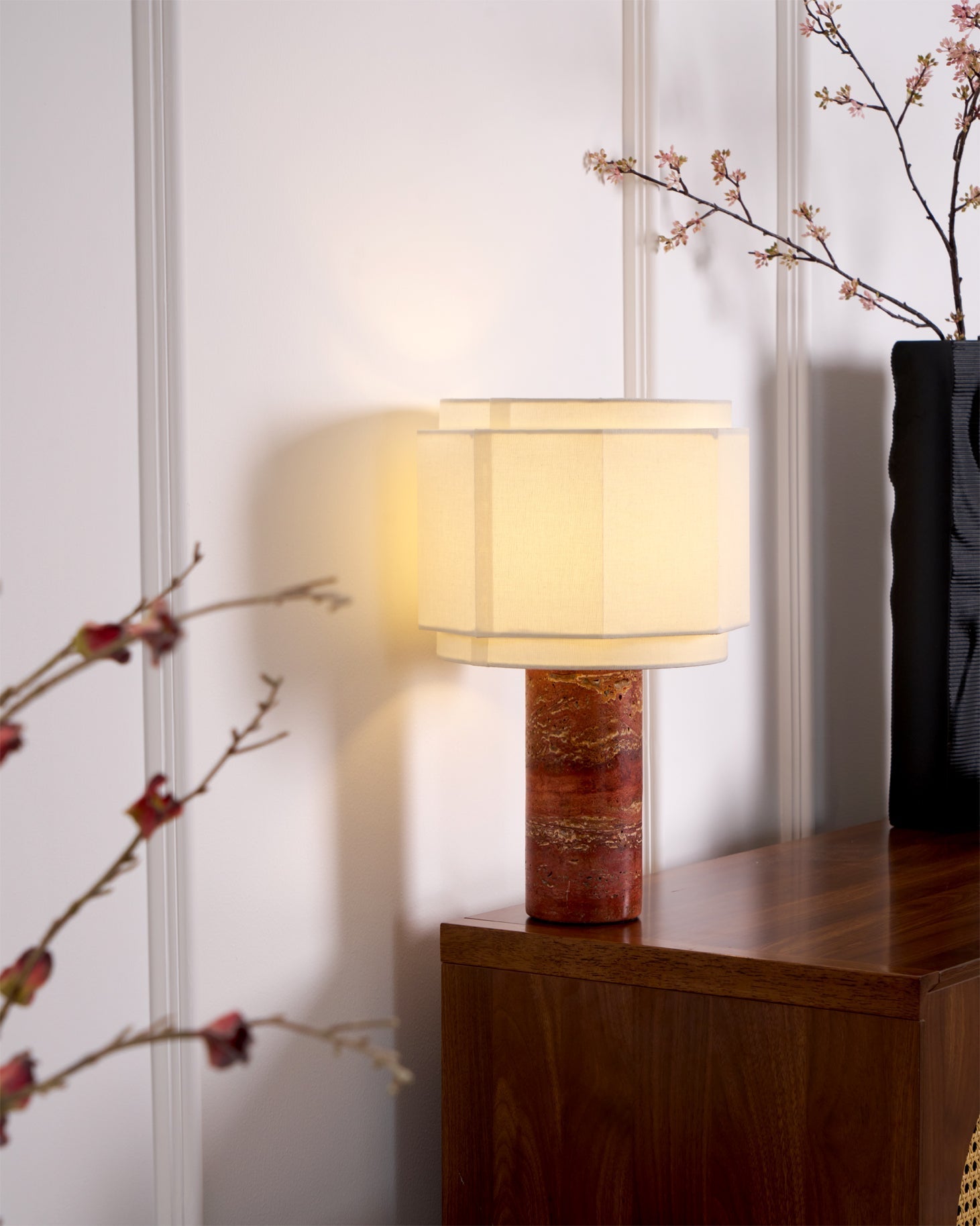 Eclipse Geometric Fabric & Marble Table Lamp-Neutral Decor