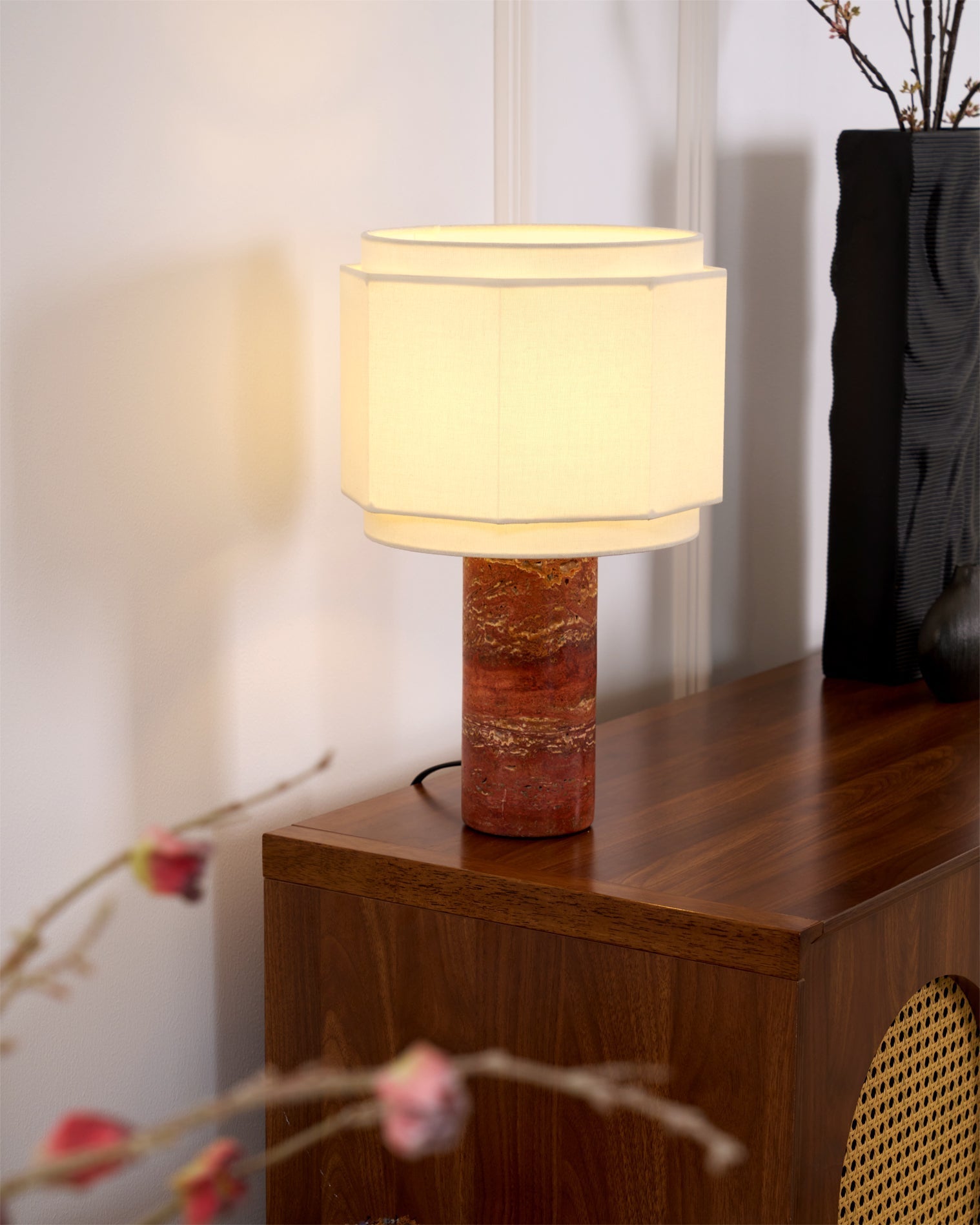 Eclipse Geometric Fabric & Marble Table Lamp-Neutral Decor