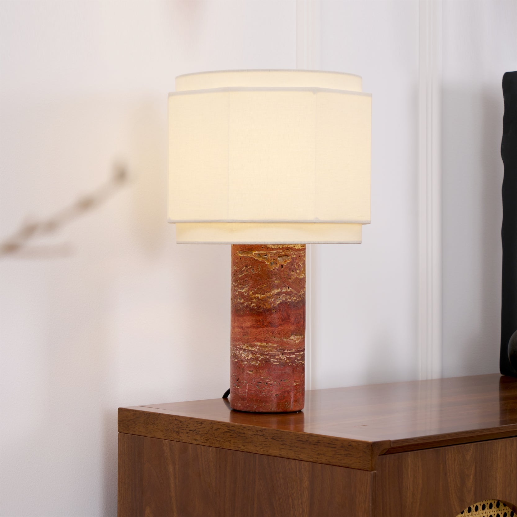 Eclipse Geometric Fabric & Marble Table Lamp-Neutral Decor