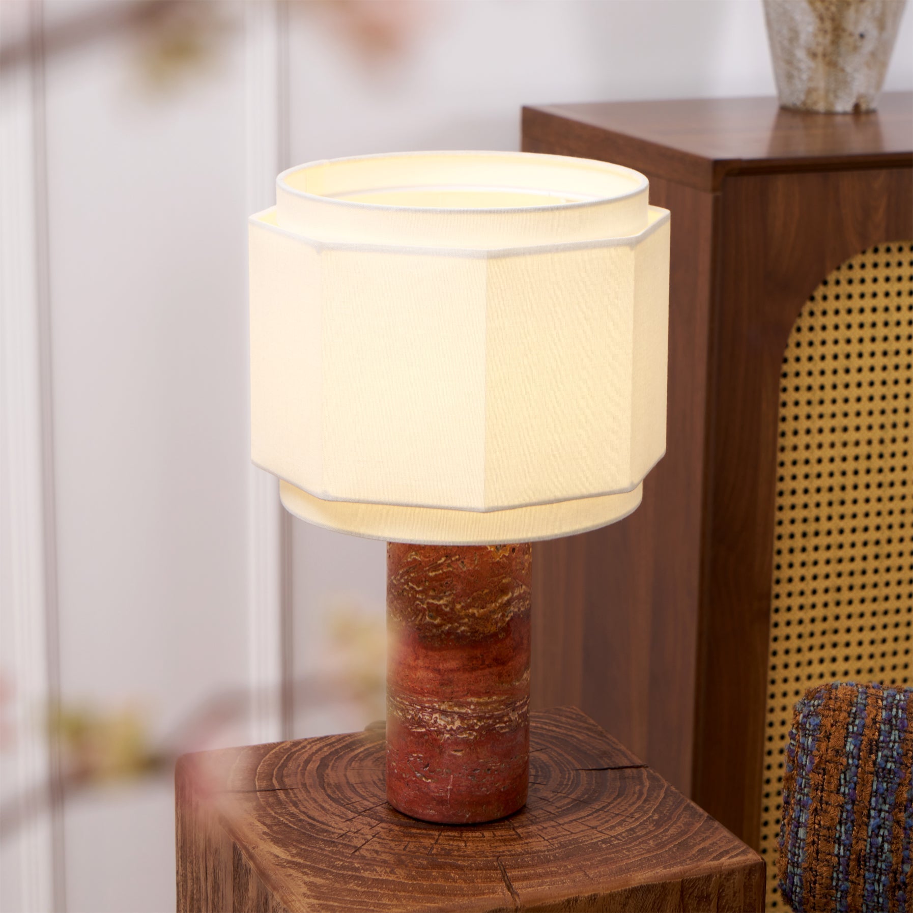 Eclipse Geometric Fabric & Marble Table Lamp-Neutral Decor