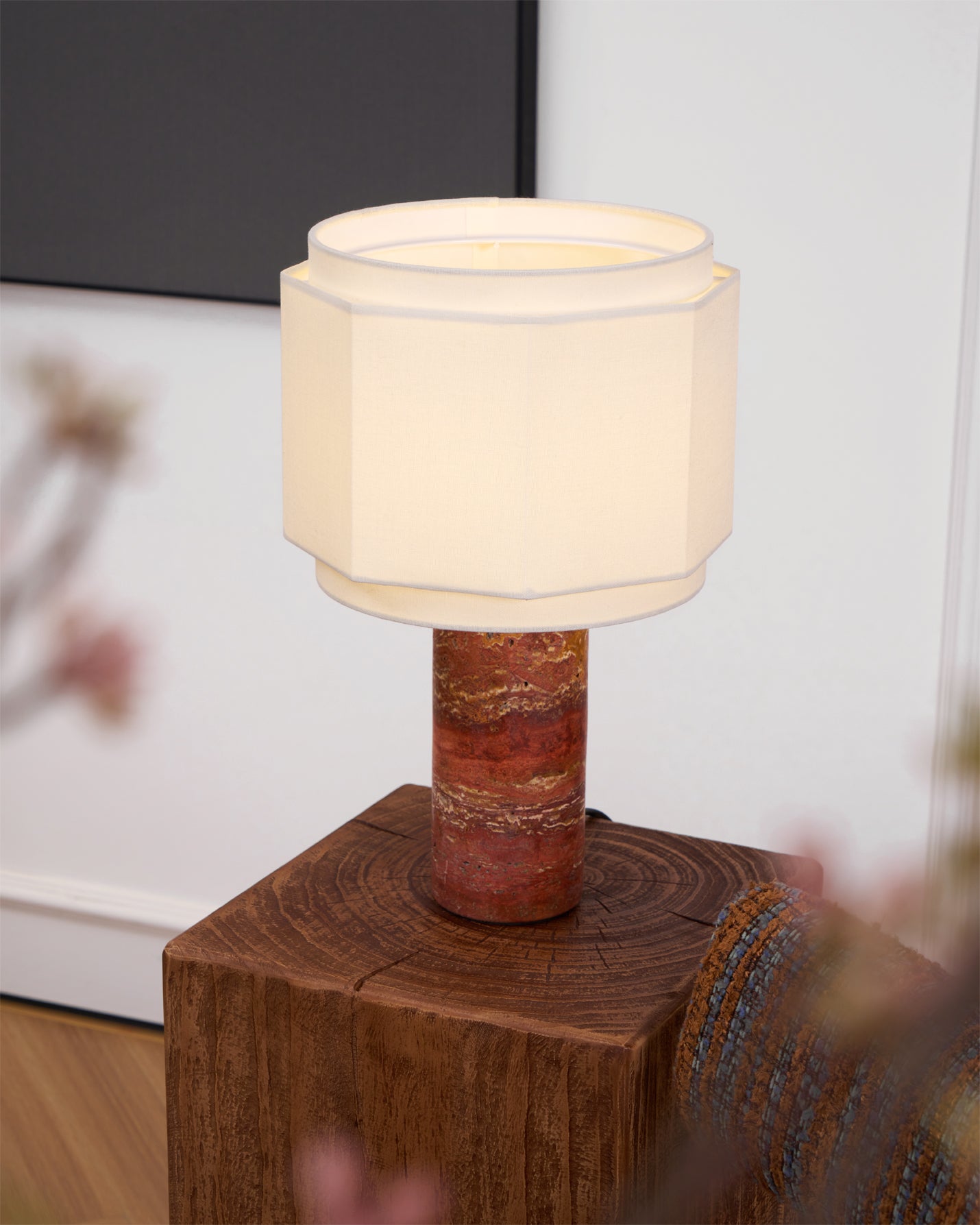 Eclipse Geometric Fabric & Marble Table Lamp-Neutral Decor