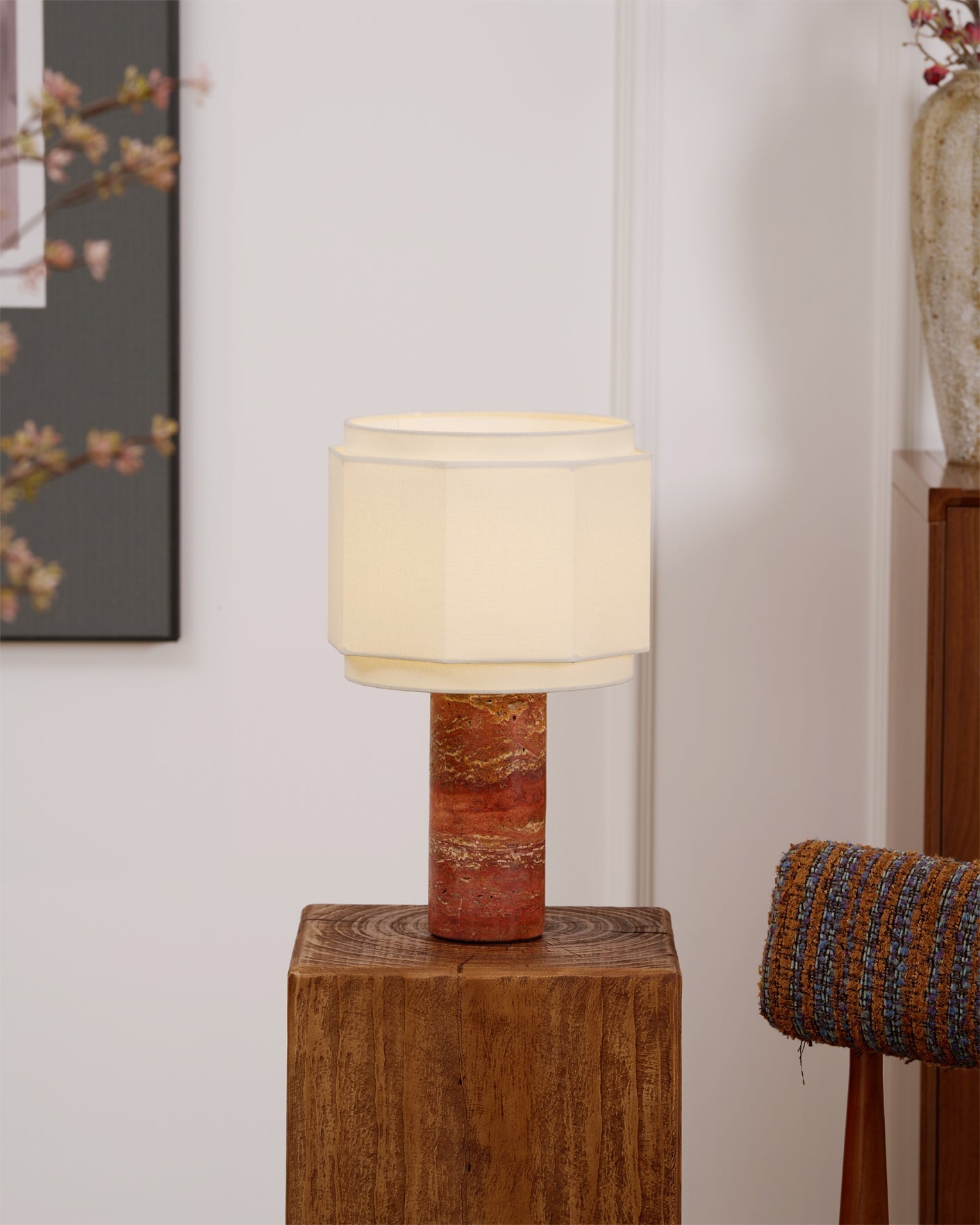 Eclipse Geometric Fabric & Marble Table Lamp-Neutral Decor