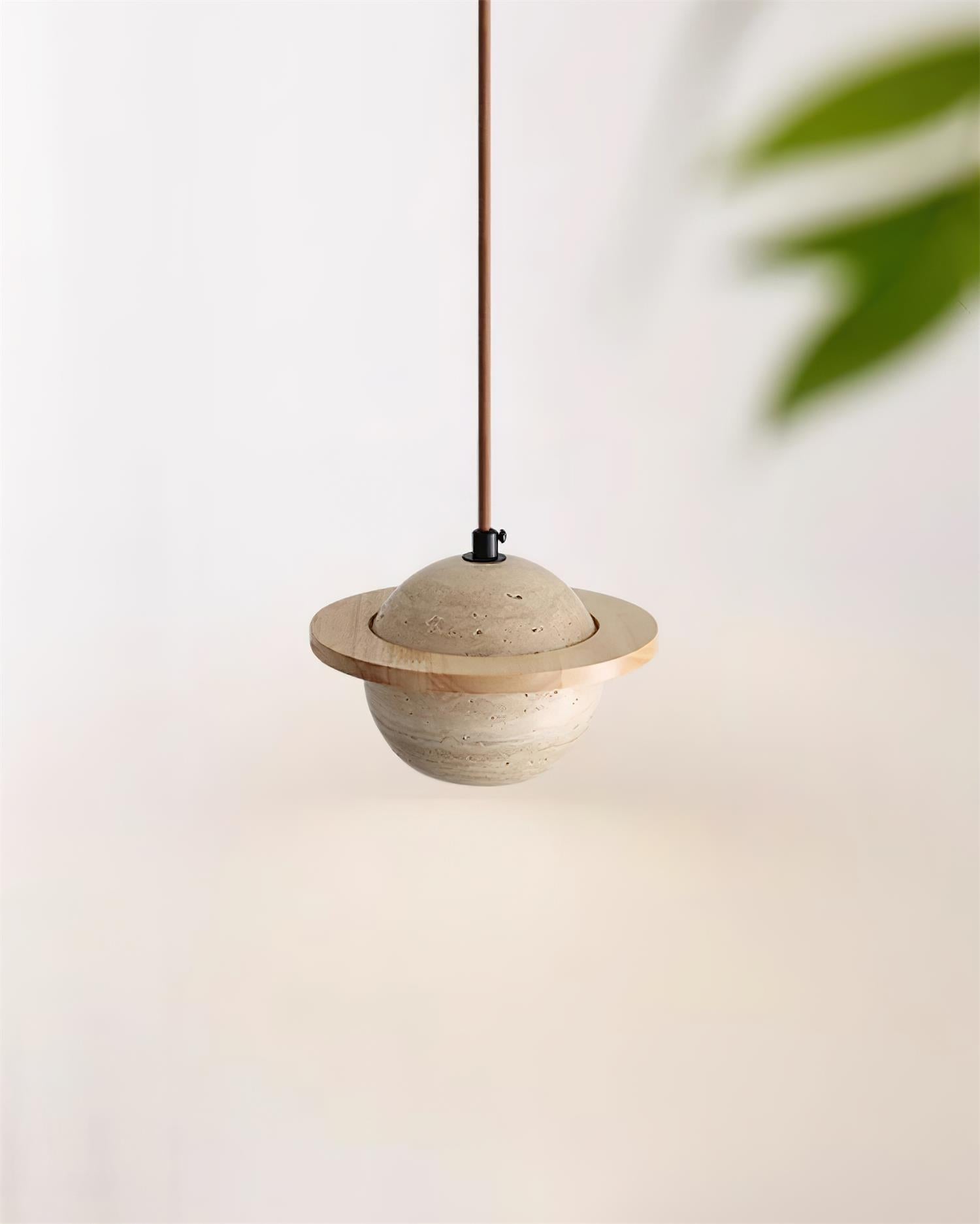 Pendant Light Travertine Planet Walnut Wood Ambient Minimalist