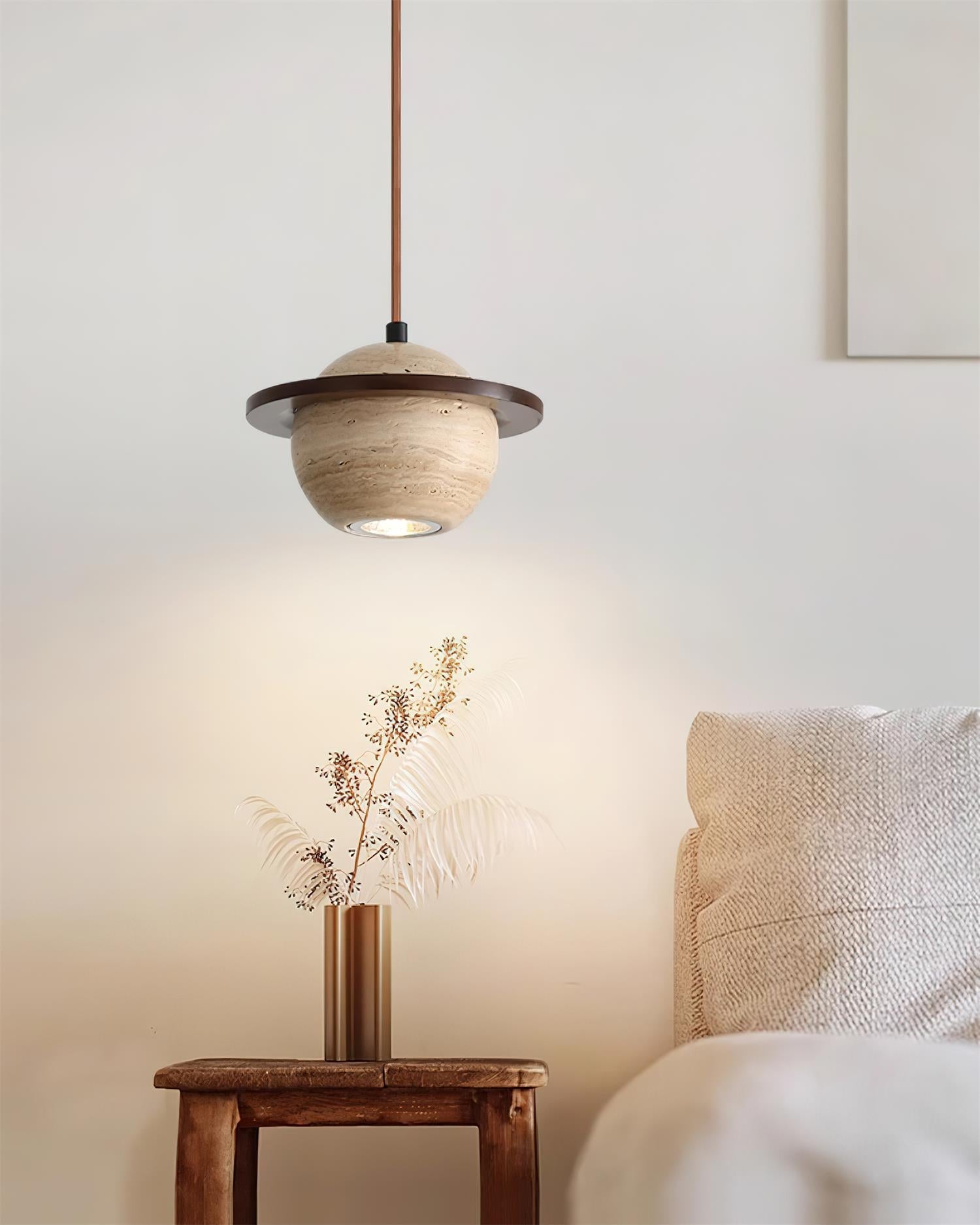 Pendant Light Travertine Planet Walnut Wood Ambient Minimalist