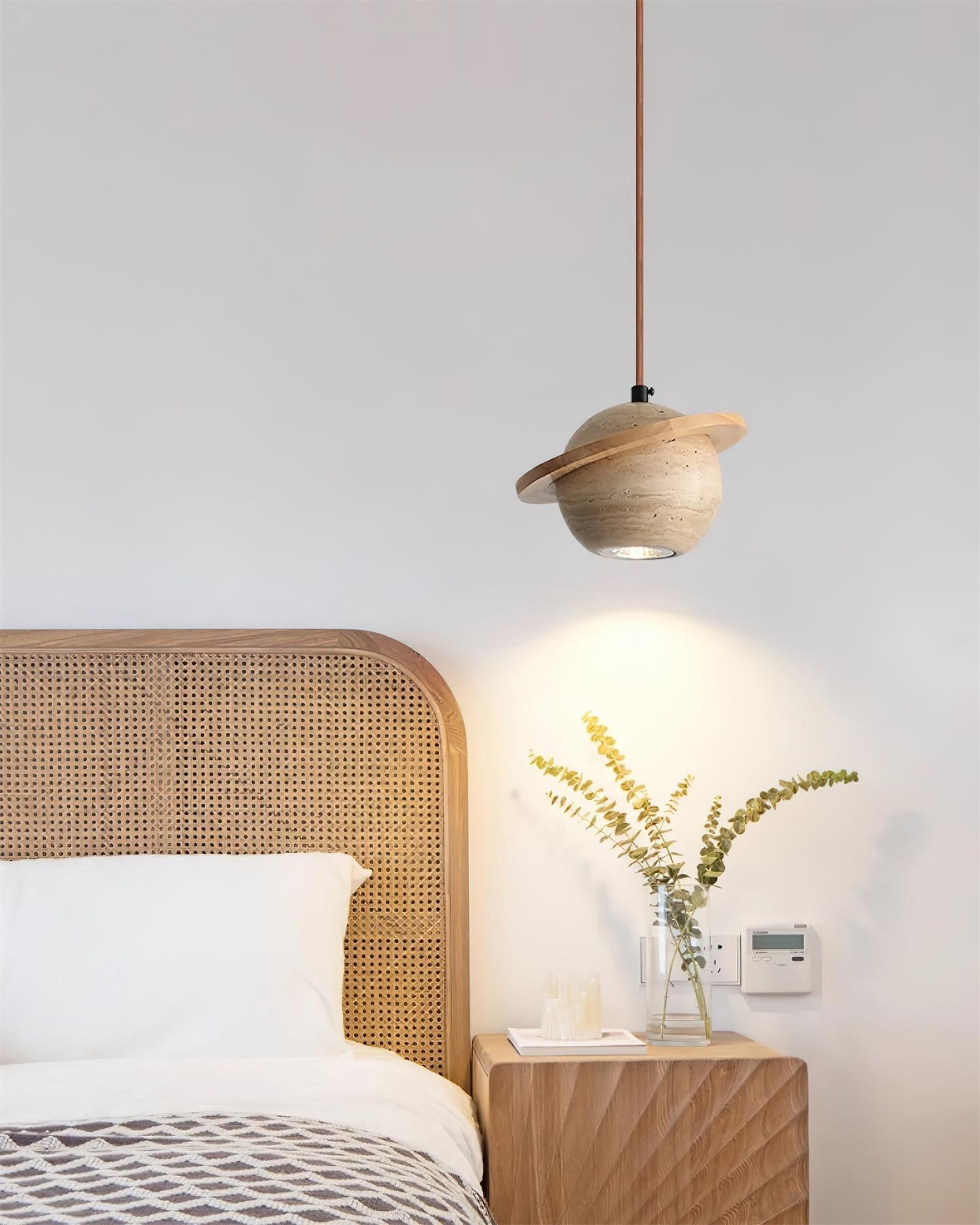Pendant Light Travertine Planet Walnut Wood Ambient Minimalist