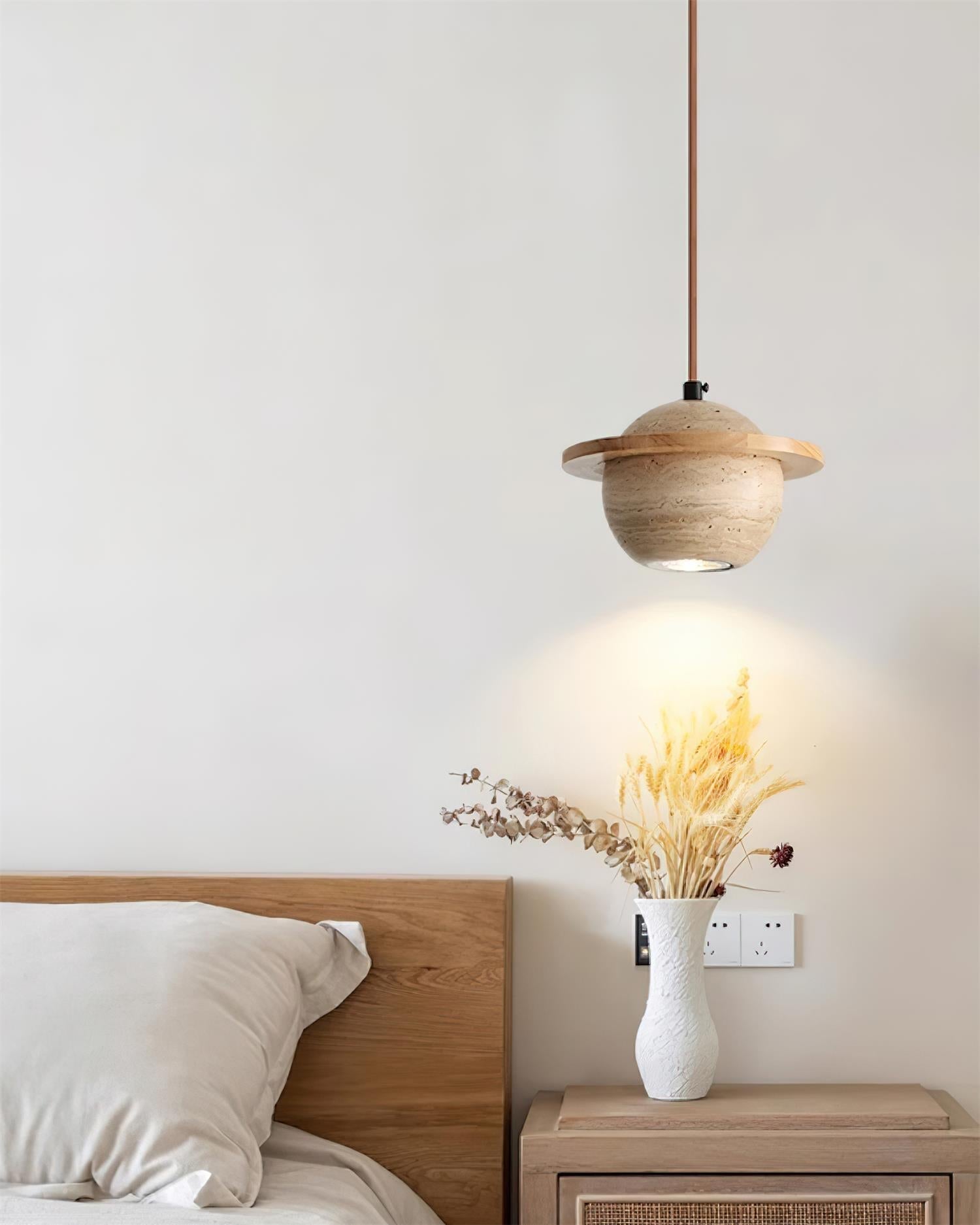 Pendant Light Travertine Planet Walnut Wood Ambient Minimalist