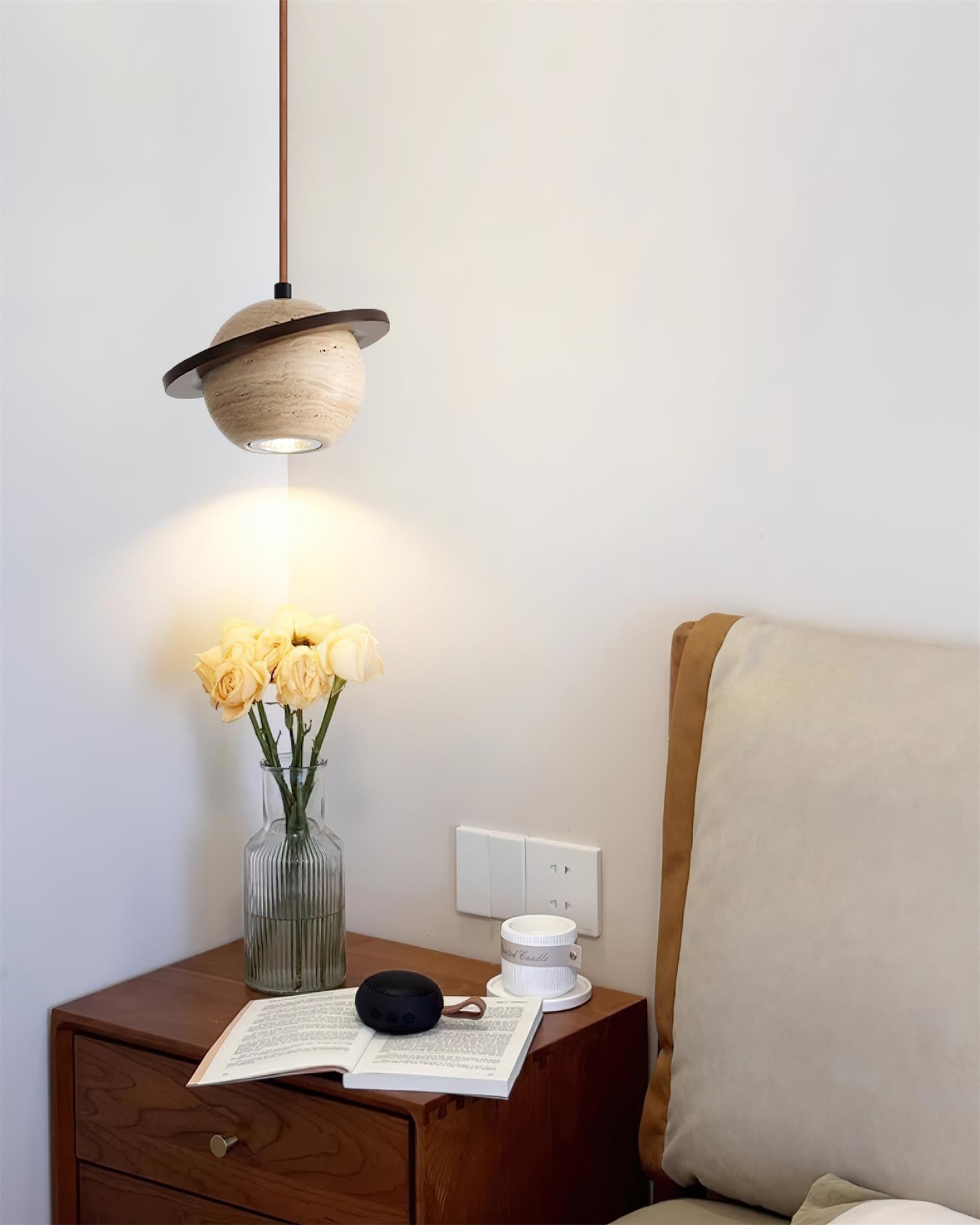 Pendant Light Travertine Planet Walnut Wood Ambient Minimalist