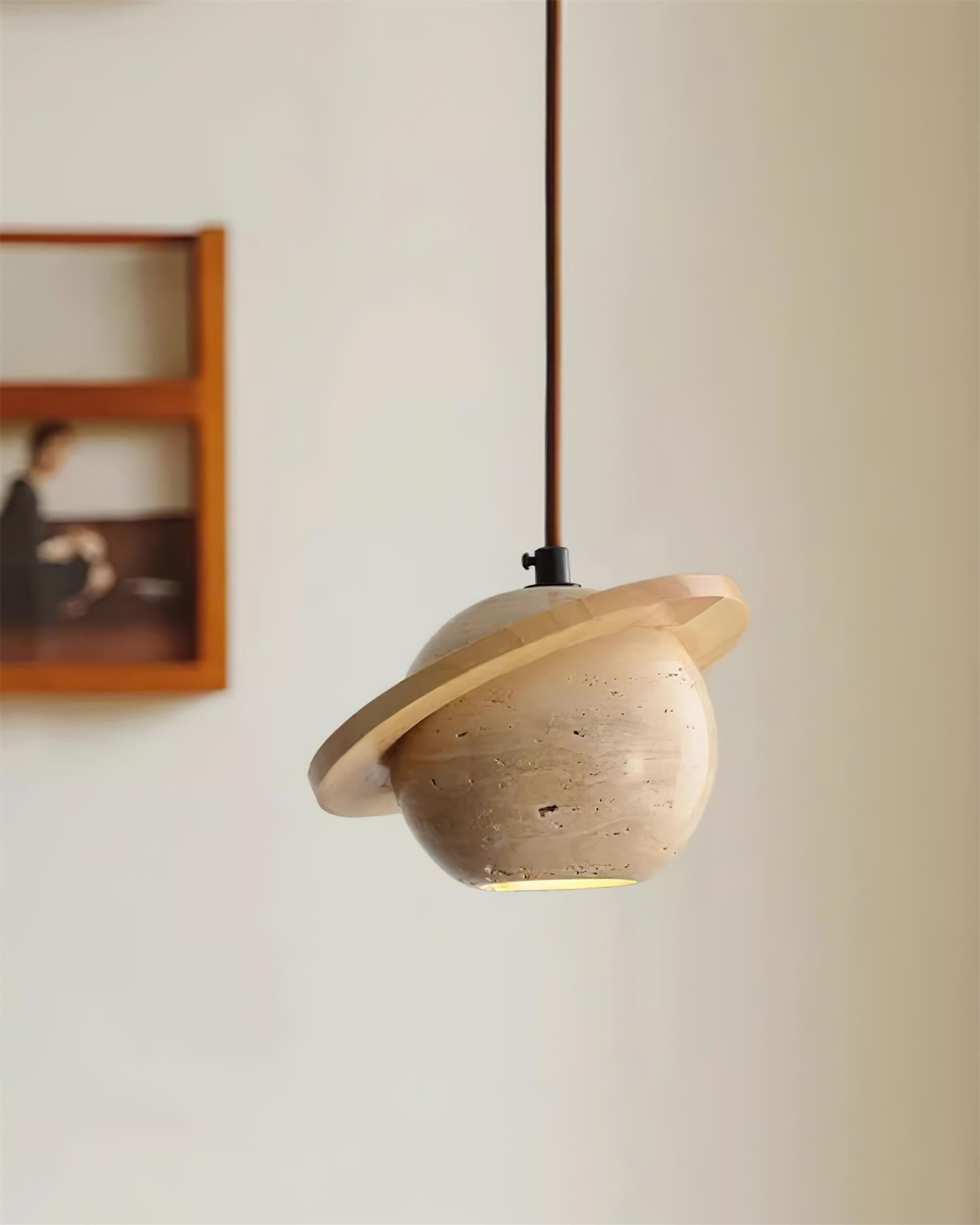 Pendant Light Travertine Planet Walnut Wood Ambient Minimalist