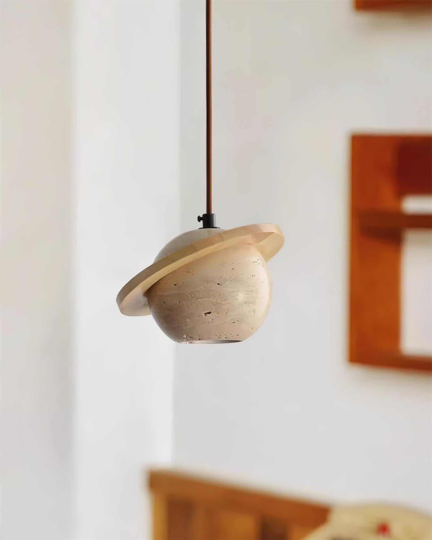 Pendant Light Travertine Planet Walnut Wood Ambient Minimalist