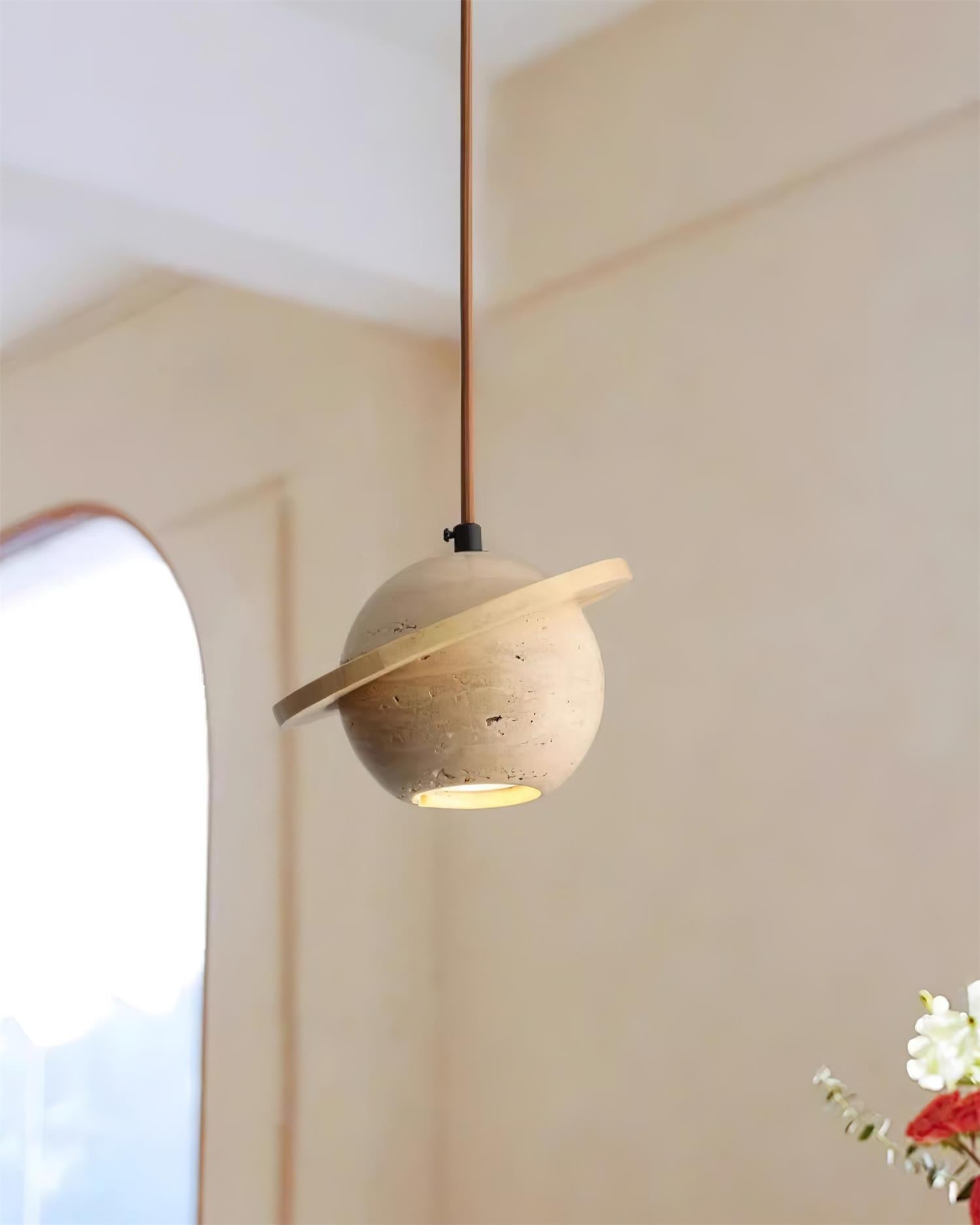 Pendant Light Travertine Planet Walnut Wood Ambient Minimalist