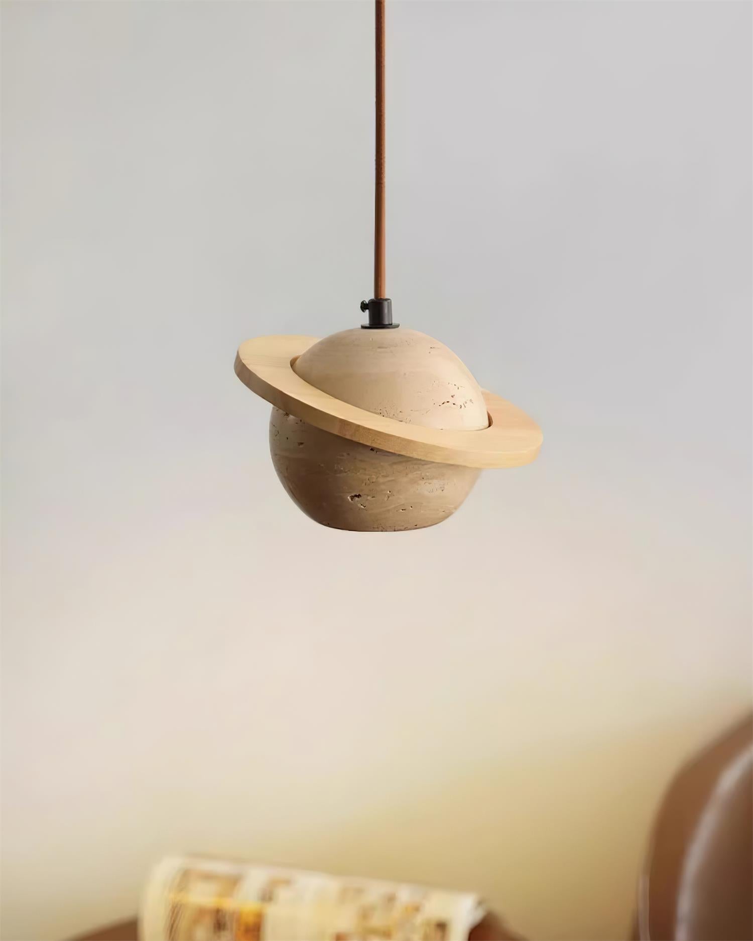 Pendant Light Travertine Planet Walnut Wood Ambient Minimalist
