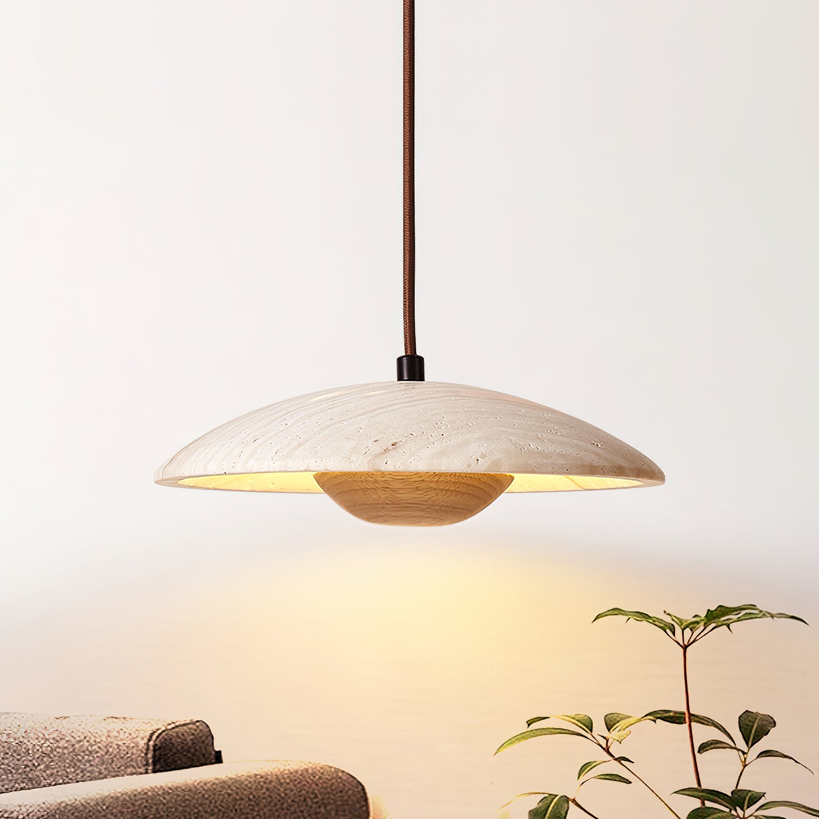 Bax Wide-Brim Travertine Pendant Light-Neutral Decor