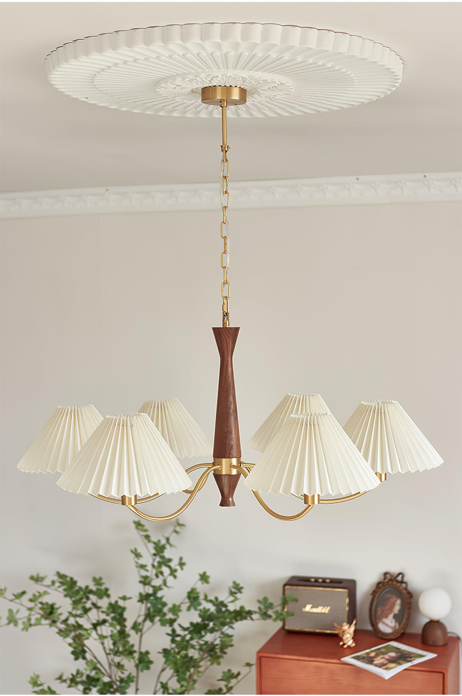 Wynor Chandelier Pleated with White Lampshades Mid-Century-Neutral Decor