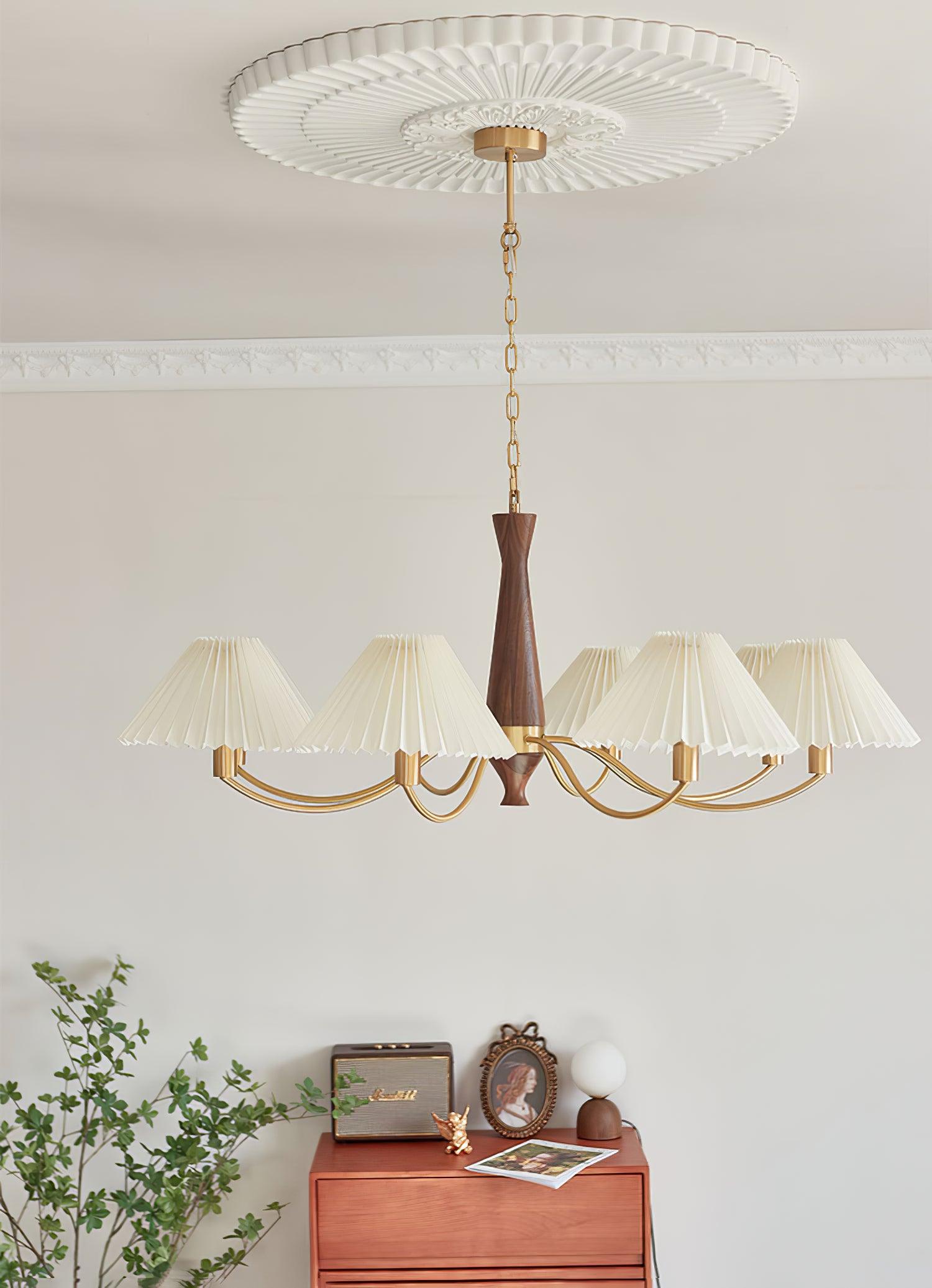 Wynor Chandelier Pleated with White Lampshades Mid-Century-Neutral Decor