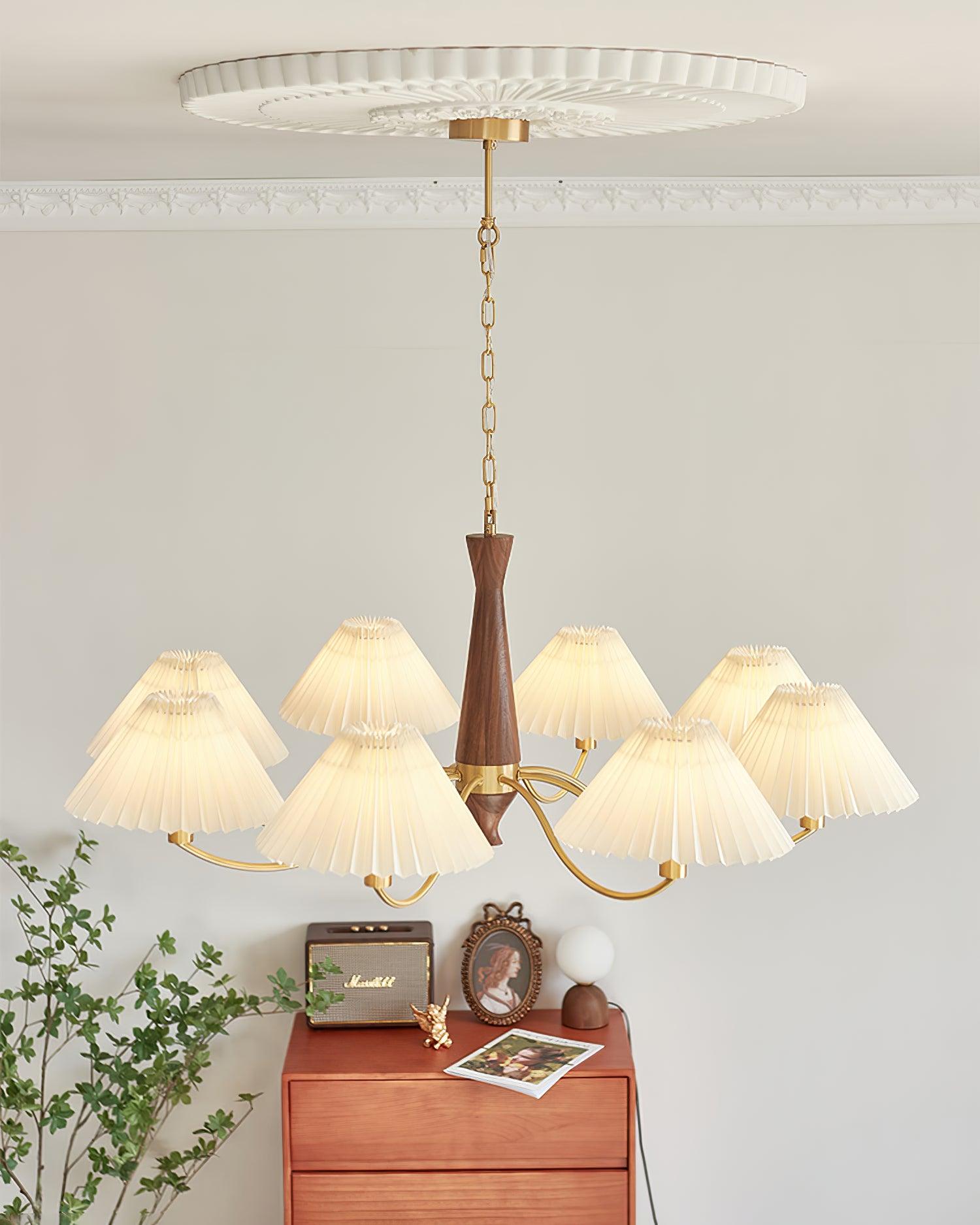 Wynor Chandelier Pleated with White Lampshades Mid-Century-Neutral Decor