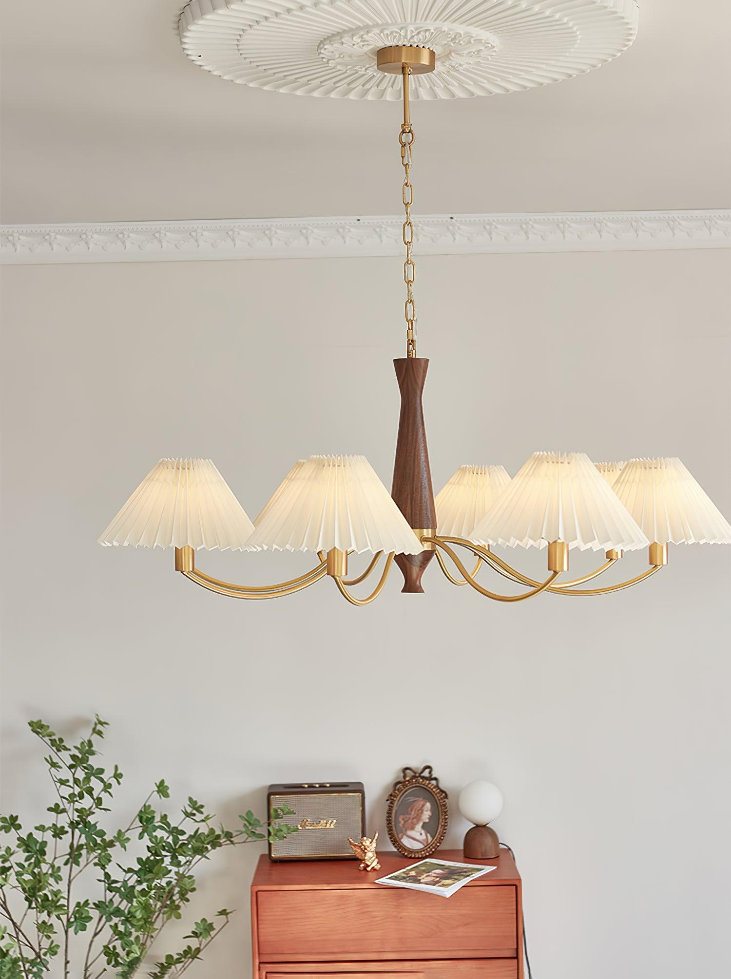 Wynor Chandelier Pleated with White Lampshades Mid-Century-Neutral Decor