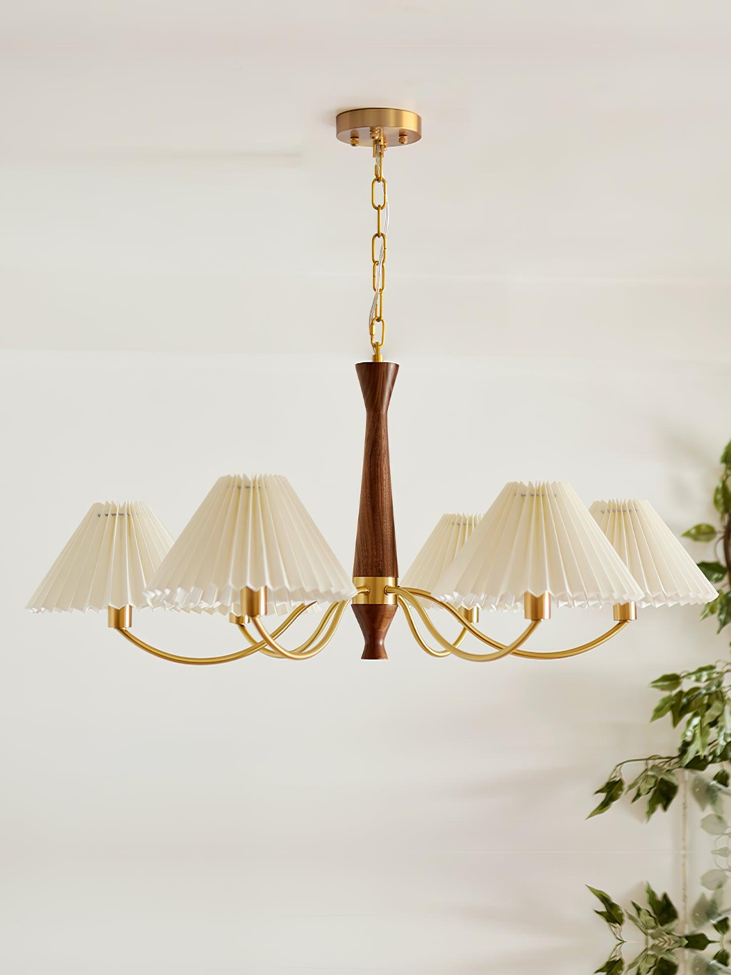 Wynor Chandelier Pleated with White Lampshades Mid-Century-Neutral Decor