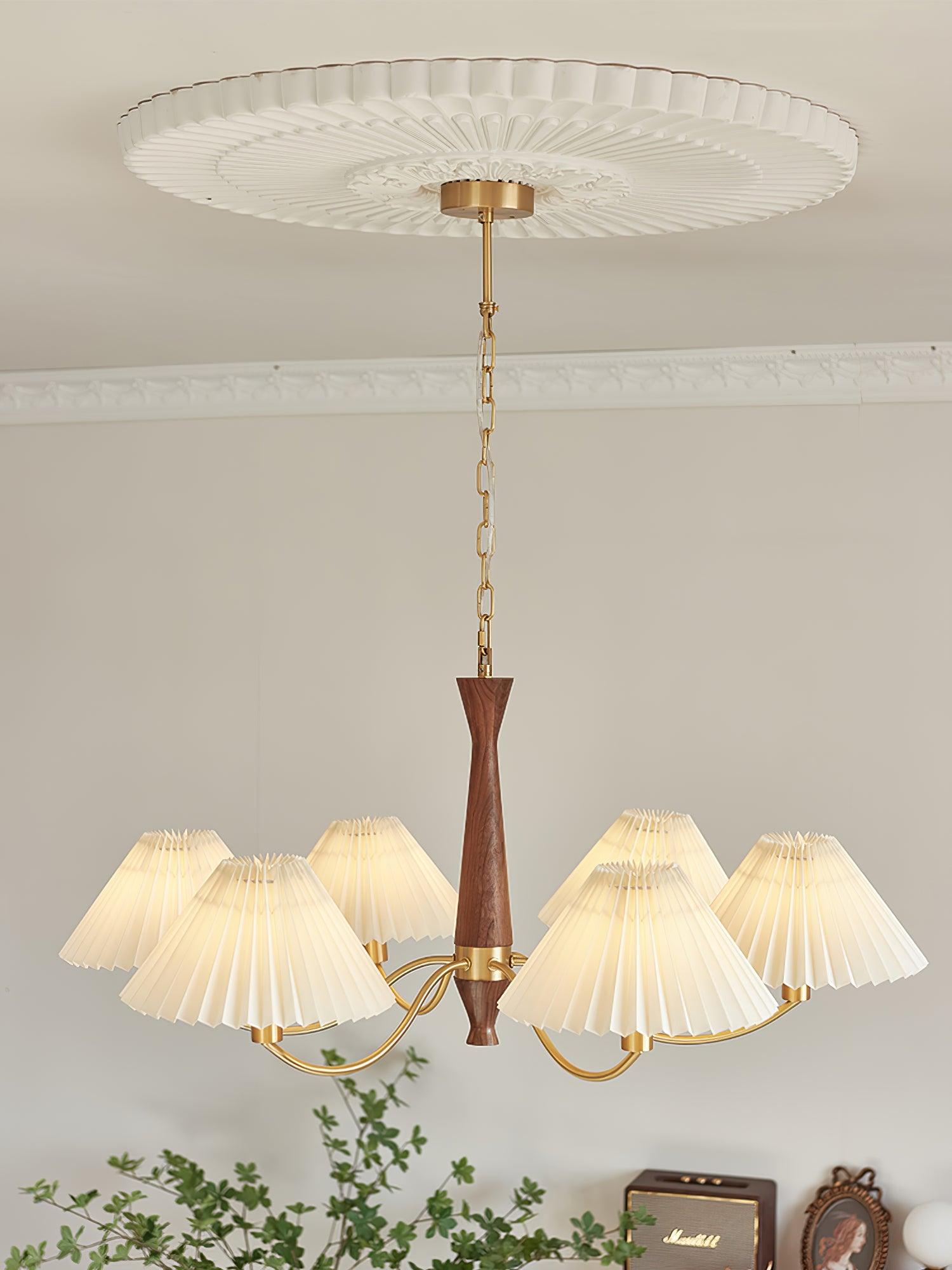 Wynor Chandelier Pleated with White Lampshades Mid-Century-Neutral Decor