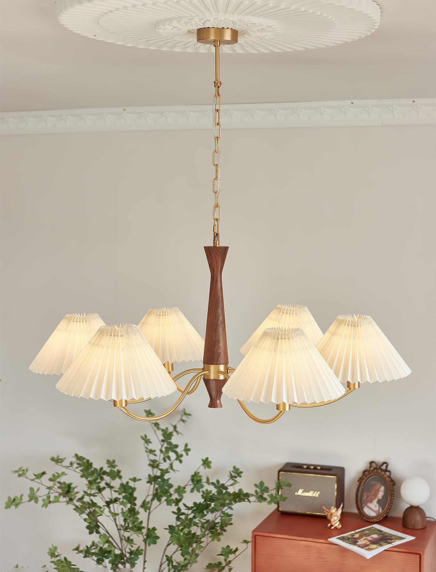 Wynor Chandelier Pleated with White Lampshades Mid-Century-Neutral Decor