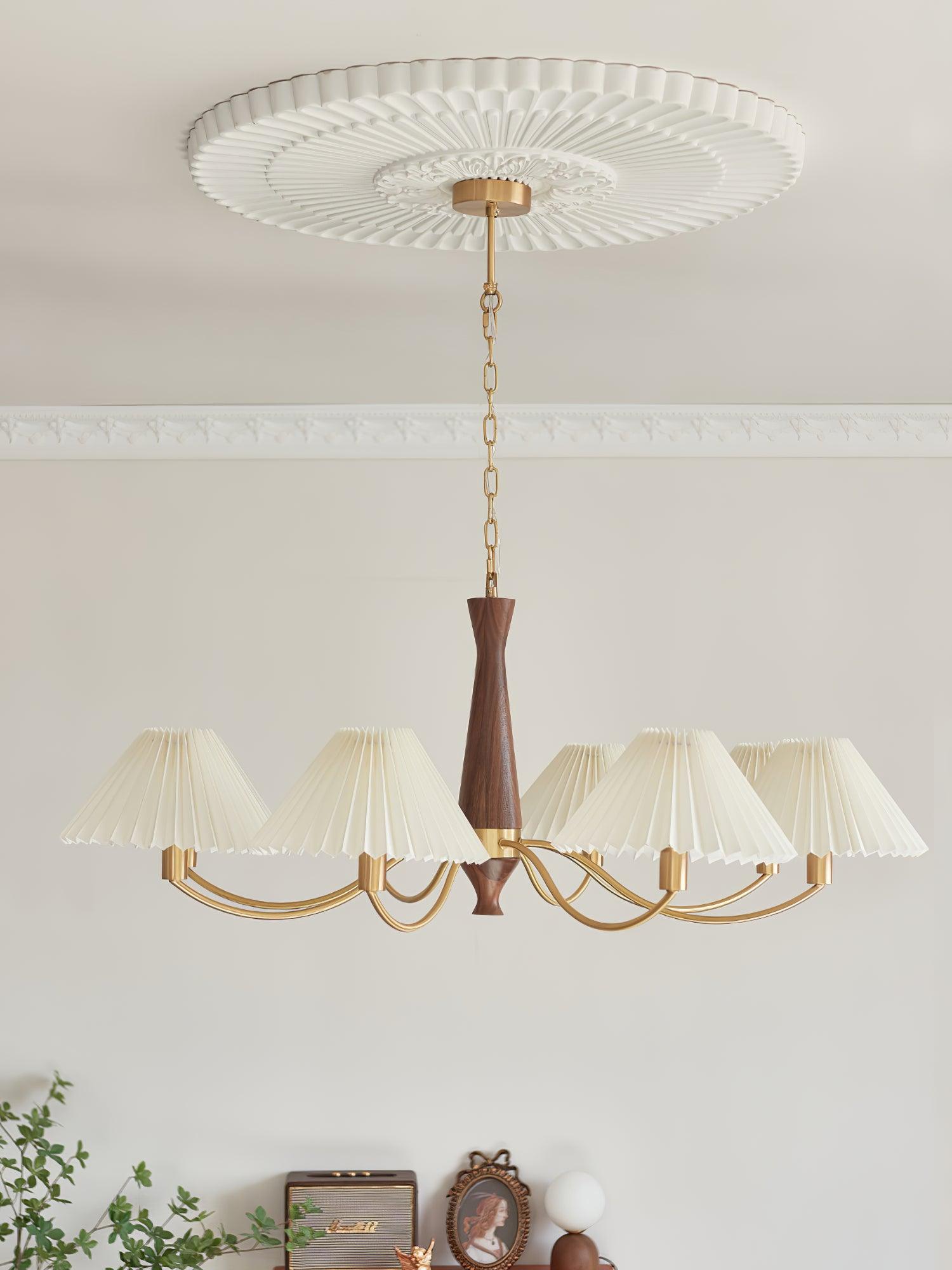 Wynor Chandelier Pleated with White Lampshades Mid-Century-Neutral Decor
