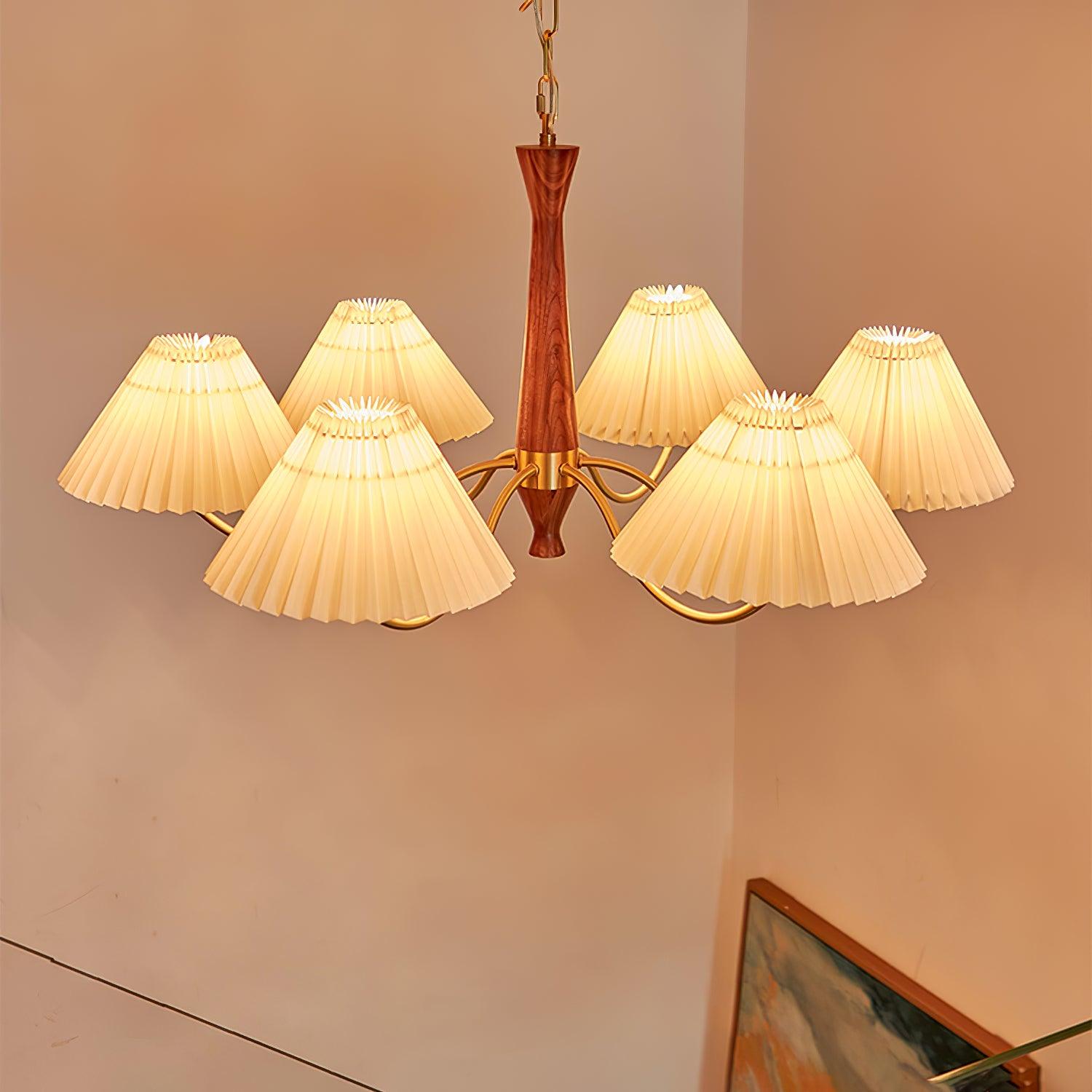 Wynor Chandelier Pleated with White Lampshades Mid-Century-Neutral Decor
