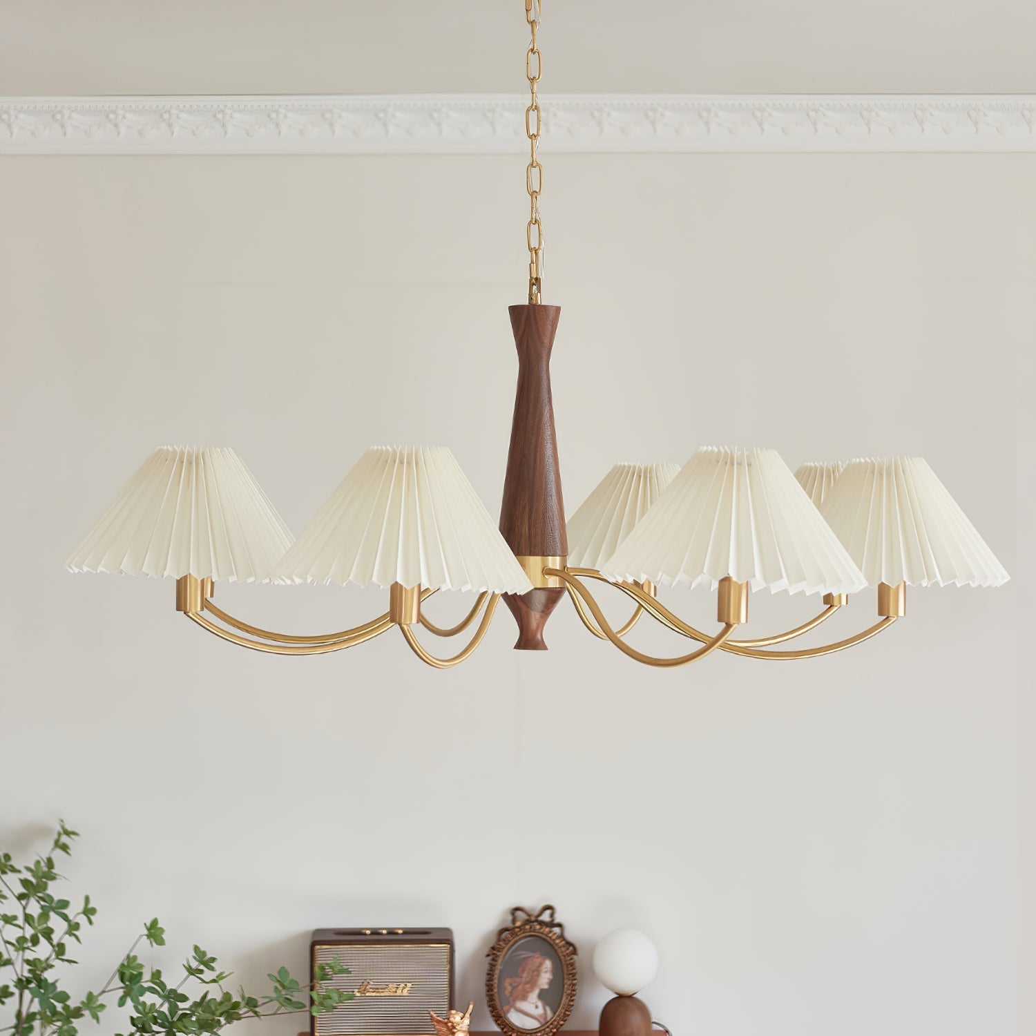 Wynor Chandelier Pleated with White Lampshades Mid-Century-Neutral Decor