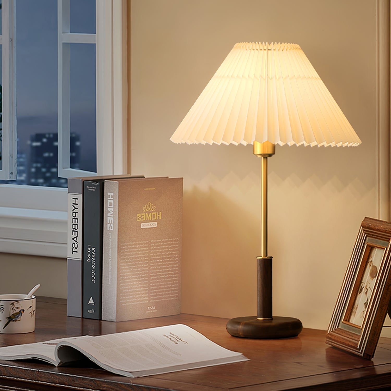 Fiora Pleated Walnut Table Lamp-Neutral Decor