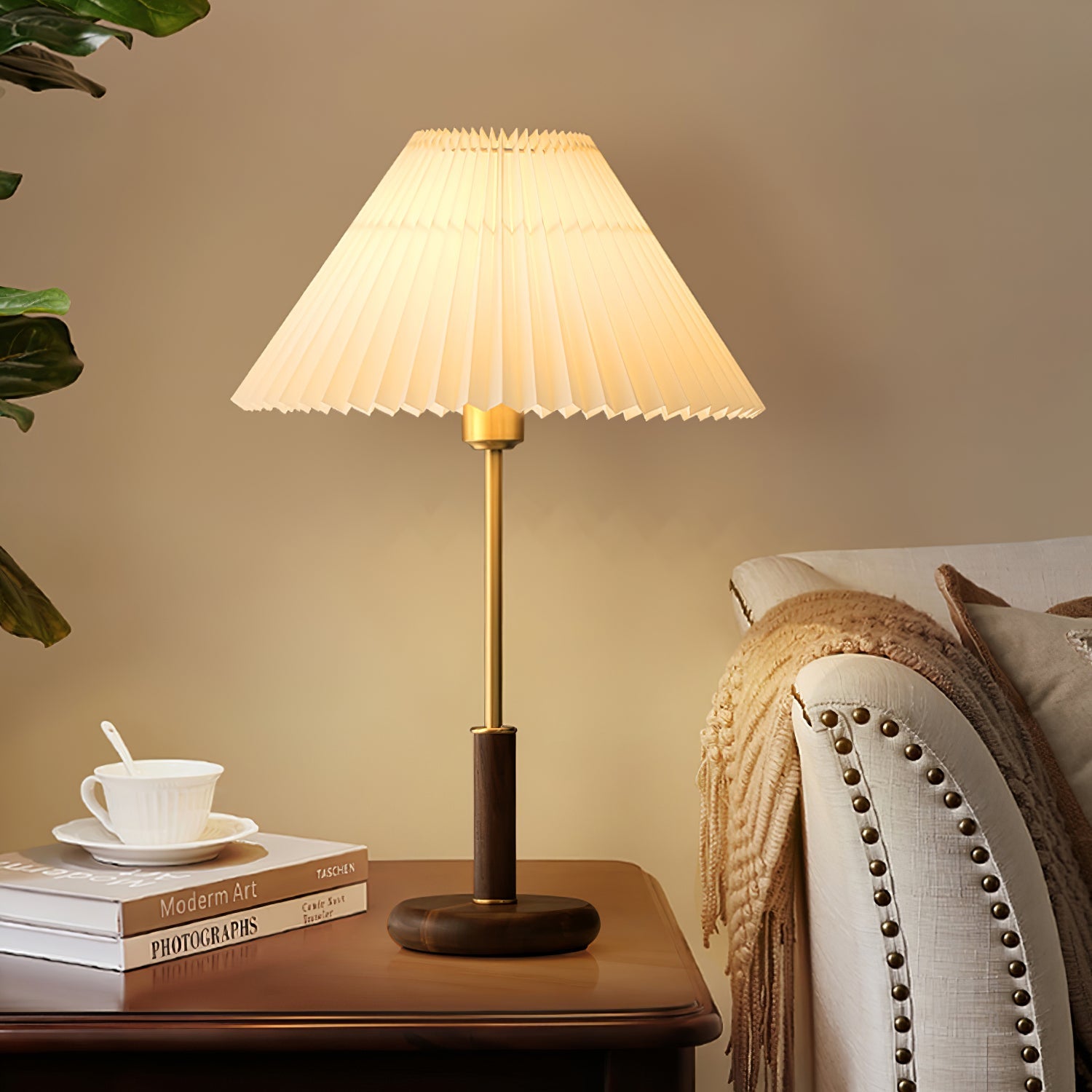 Fiora Pleated Walnut Table Lamp-Neutral Decor