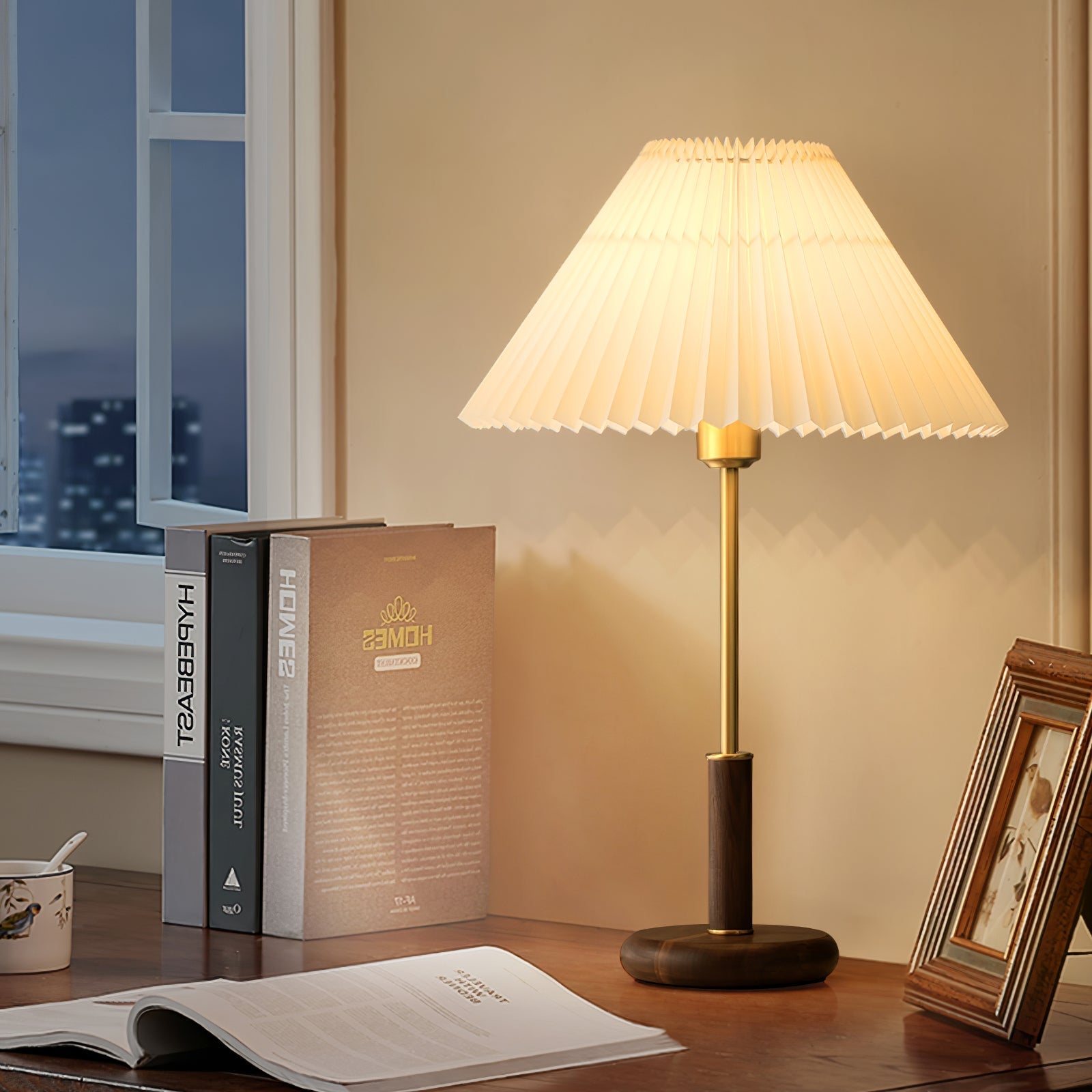Fiora Pleated Walnut Table Lamp-Neutral Decor
