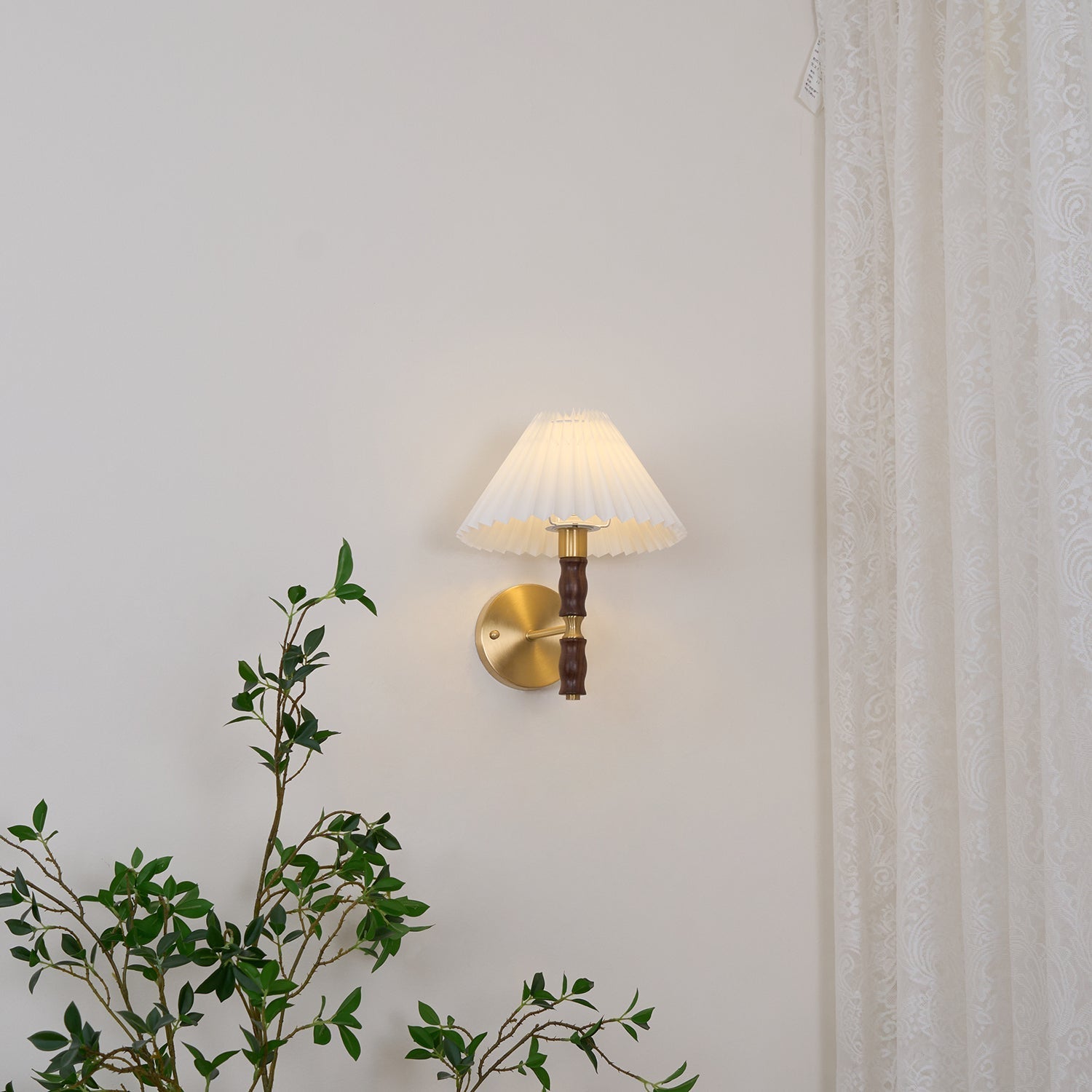 Liroxen Vintage Industrial Pleated Walnut Fabric Wall Light-Neutral Decor