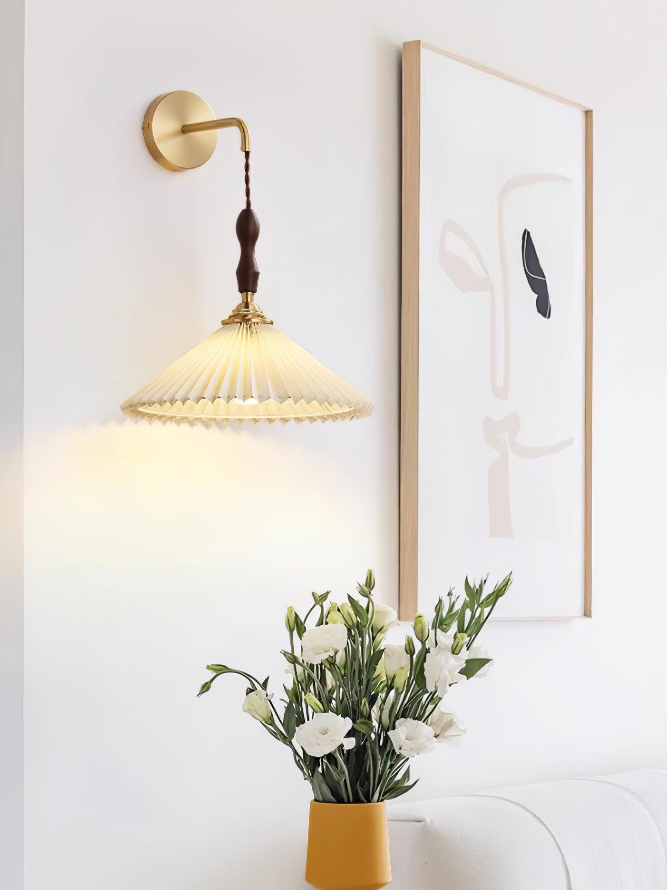 Mordan Premium Elegance Pleated Walnut Wooden Wall Lamp-Neutral Decor