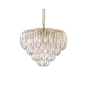 Poliedri glass chandelier with layered, textured clear glass petals, illuminated.