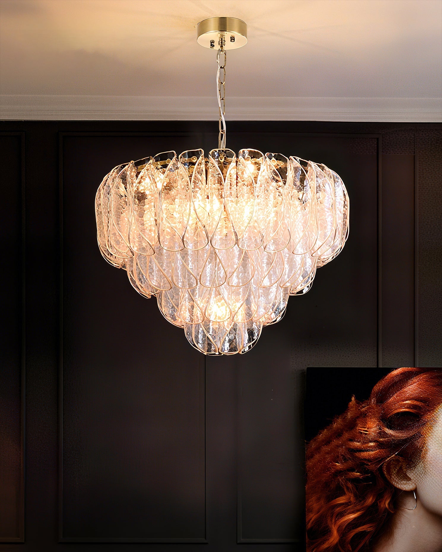 Angled view of the Poliedri glass chandelier, showing its multi-layered structure.