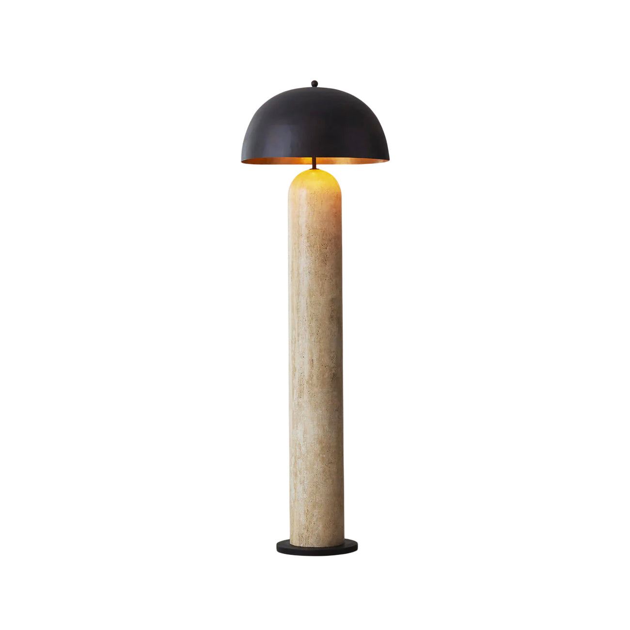 Portia Floor Lamp with a beige travertine base and black metal shade.