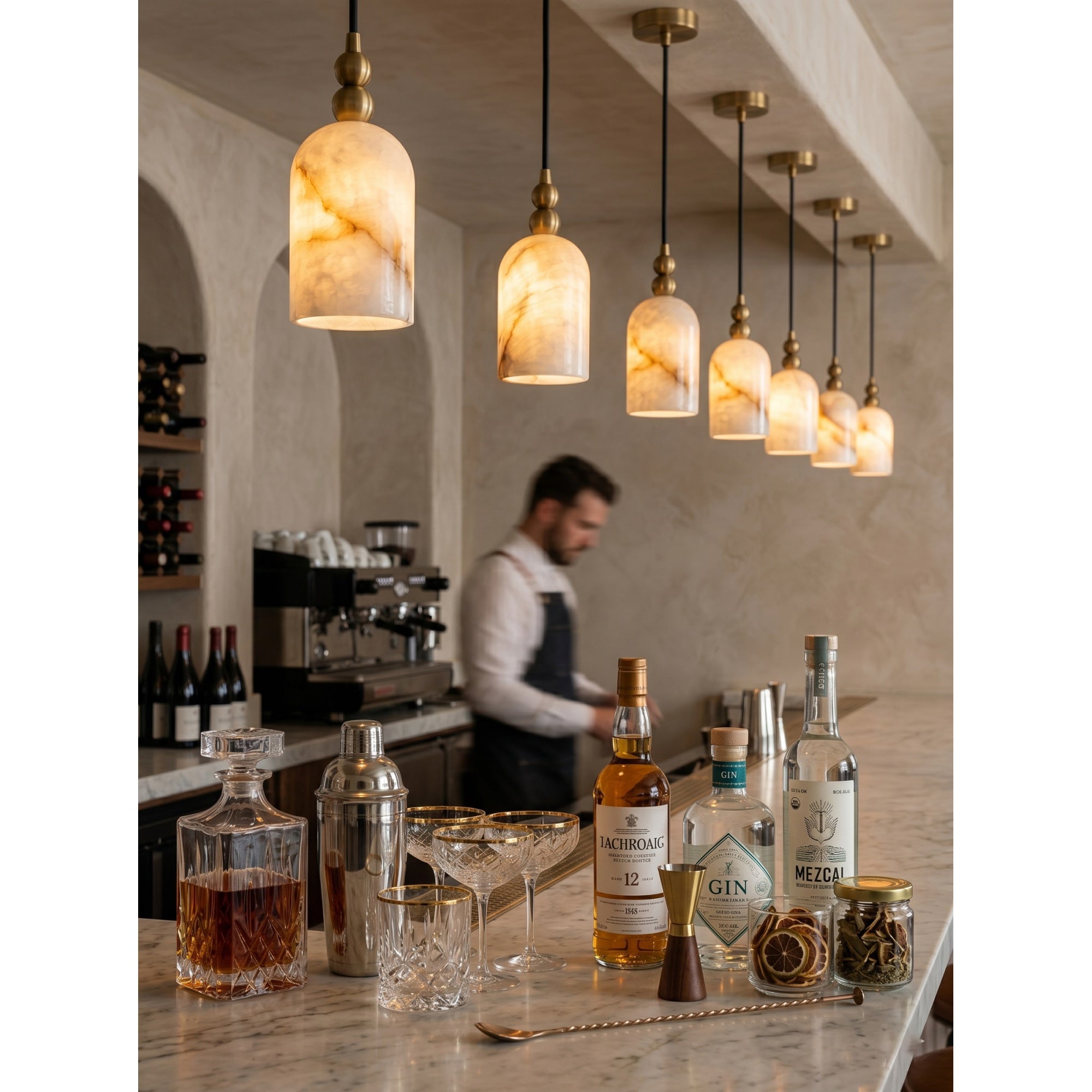 The Pratt Alabaster Pendant Lamp from a low angle, highlighting its form.