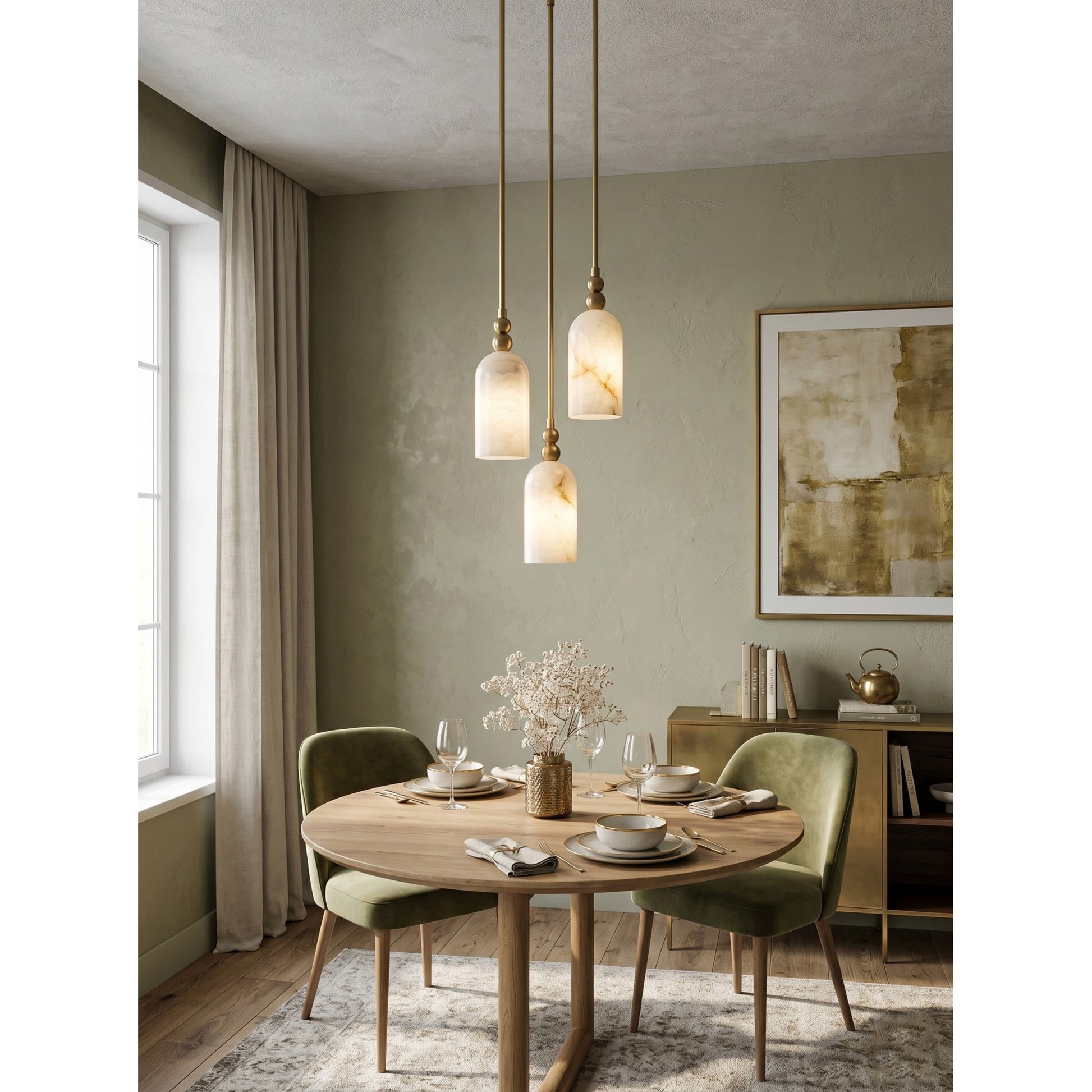 The pendant lamp shown with dimensions for scale.