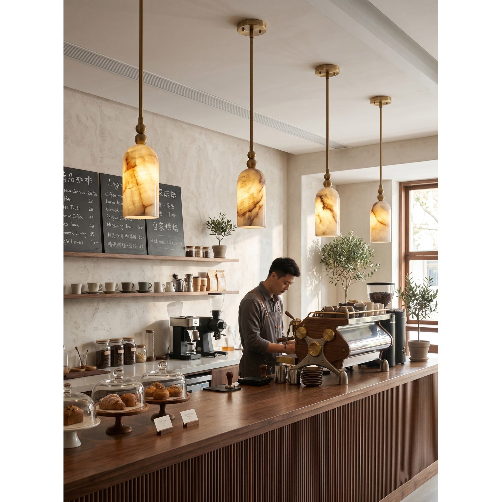 The pendant lamp illuminated, casting a warm, soft glow.