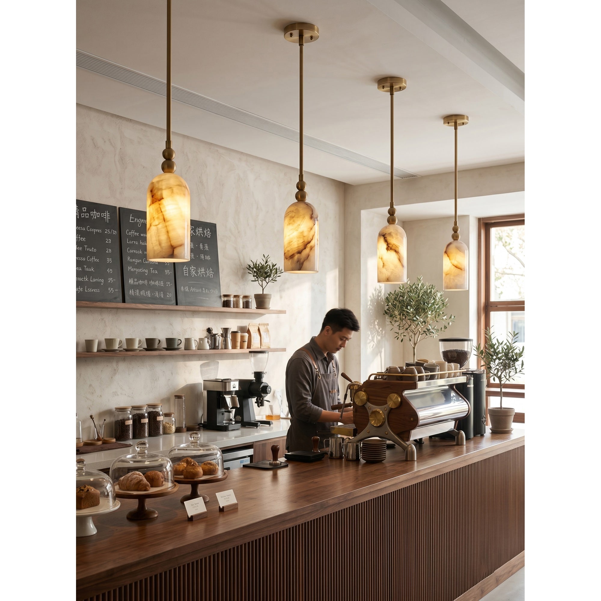 The pendant lamp illuminated, casting a warm, soft glow.