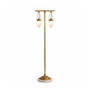 Priest Floor Lamp with a brass body and two white glass shades.
