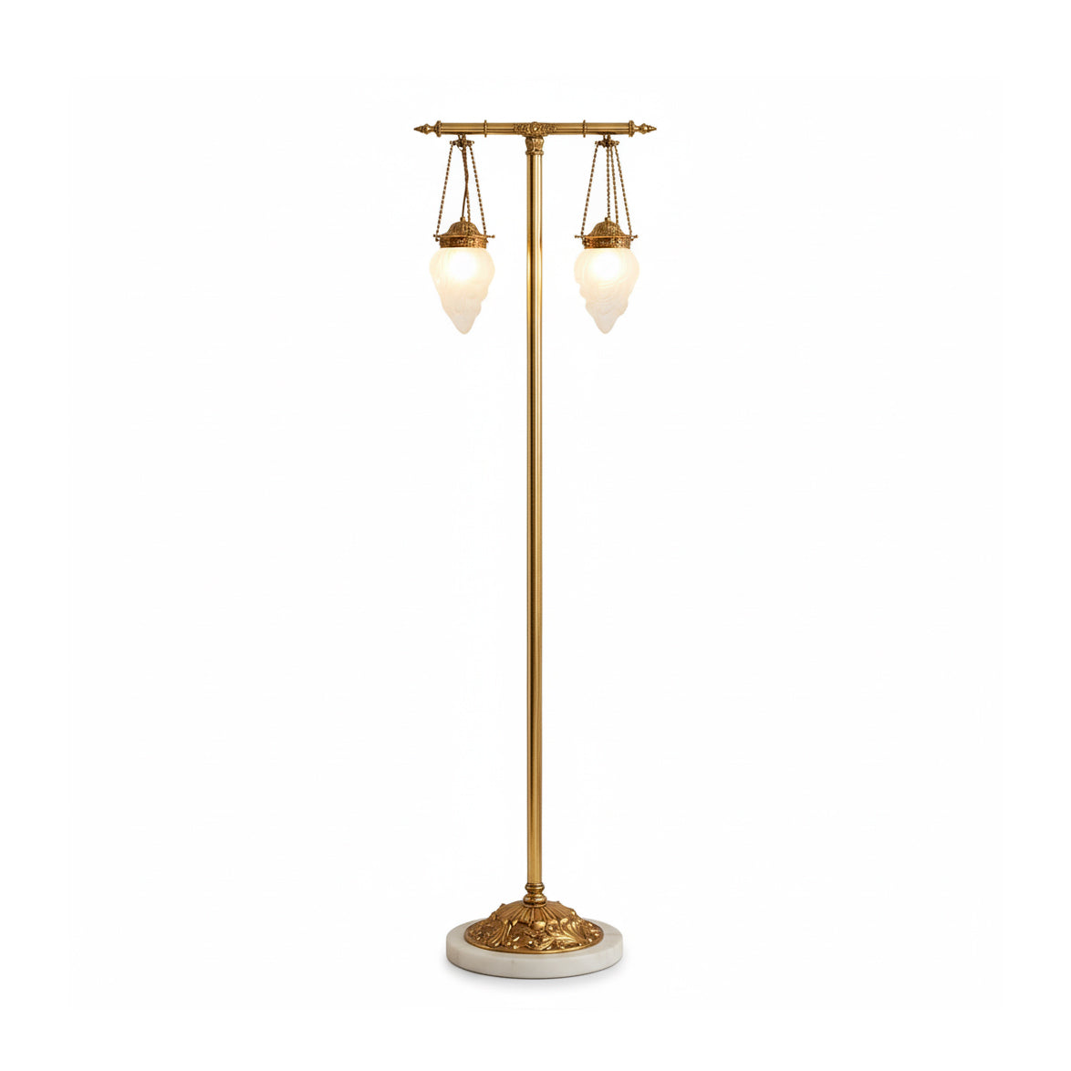 Priest Floor Lamp with a brass body and two white glass shades.