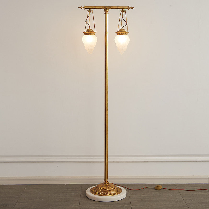 Top-down view of the dual glass lampshades.