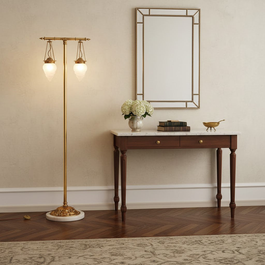 The solid white marble base providing stability for the Priest Floor Lamp.