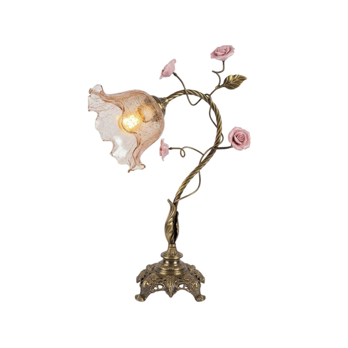 Primavera Flowers Table Lamp with brass body and glass shade.
