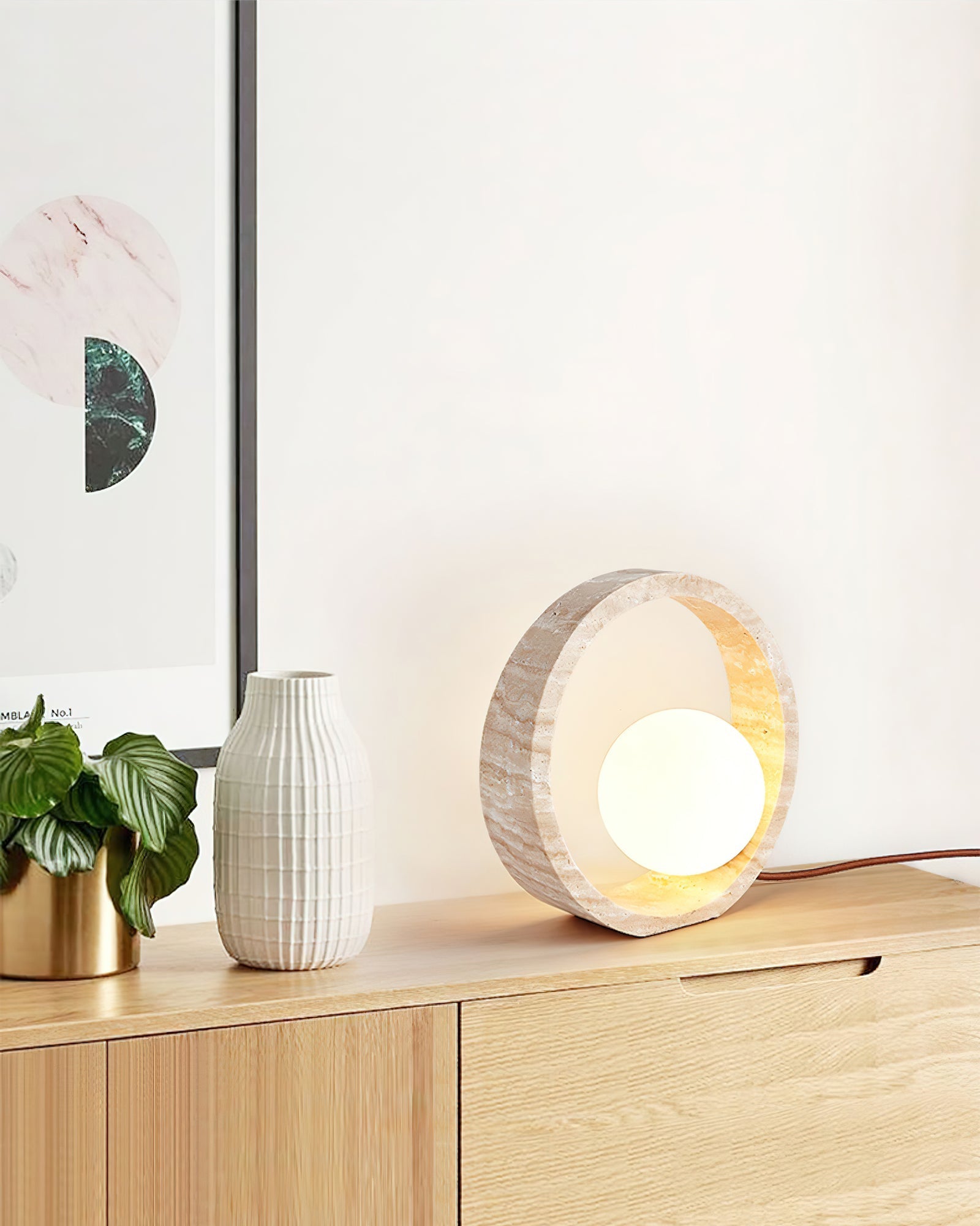 Orzore Circular Travertine Table Lamp-Neutral Decor