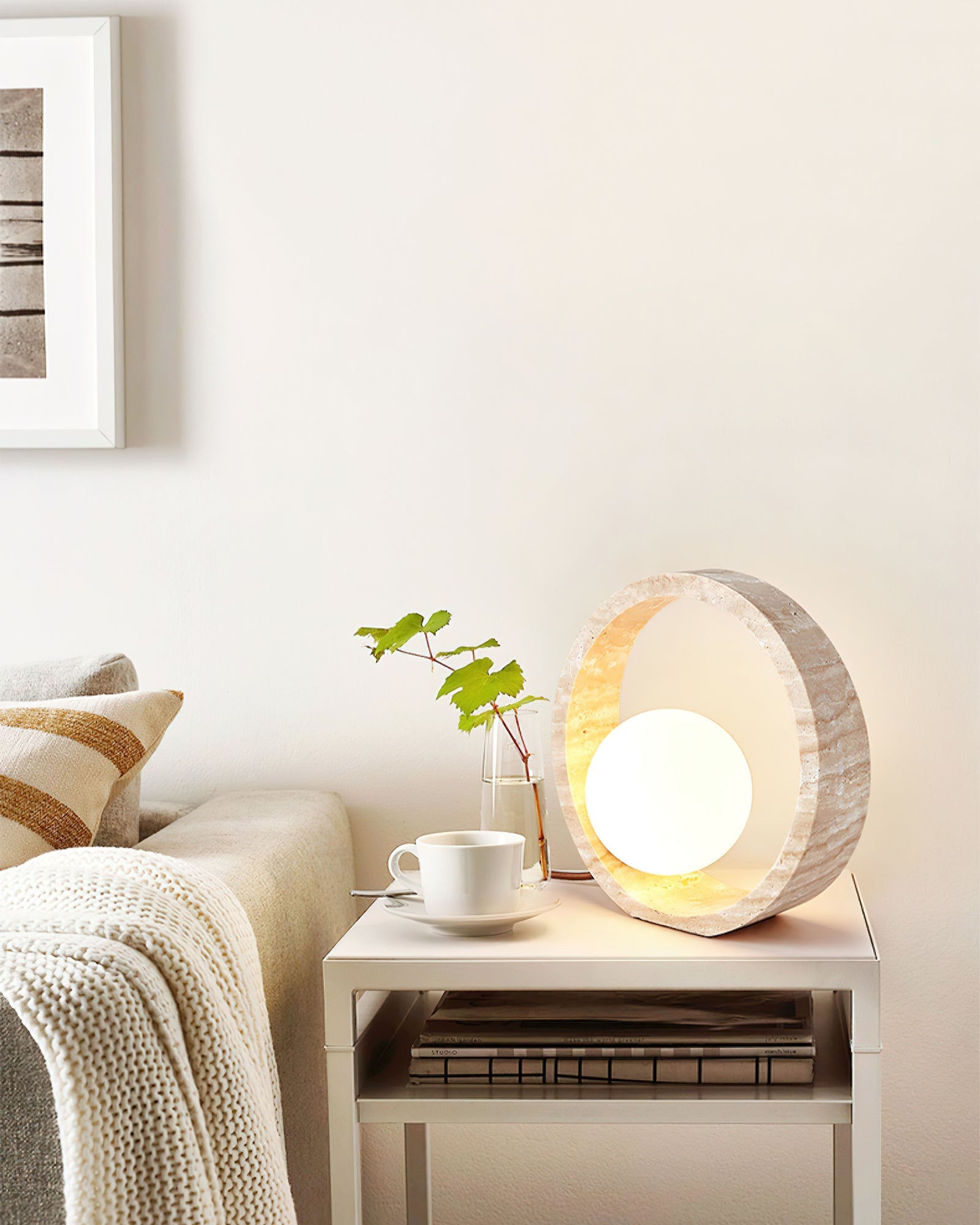Orzore Circular Travertine Table Lamp-Neutral Decor