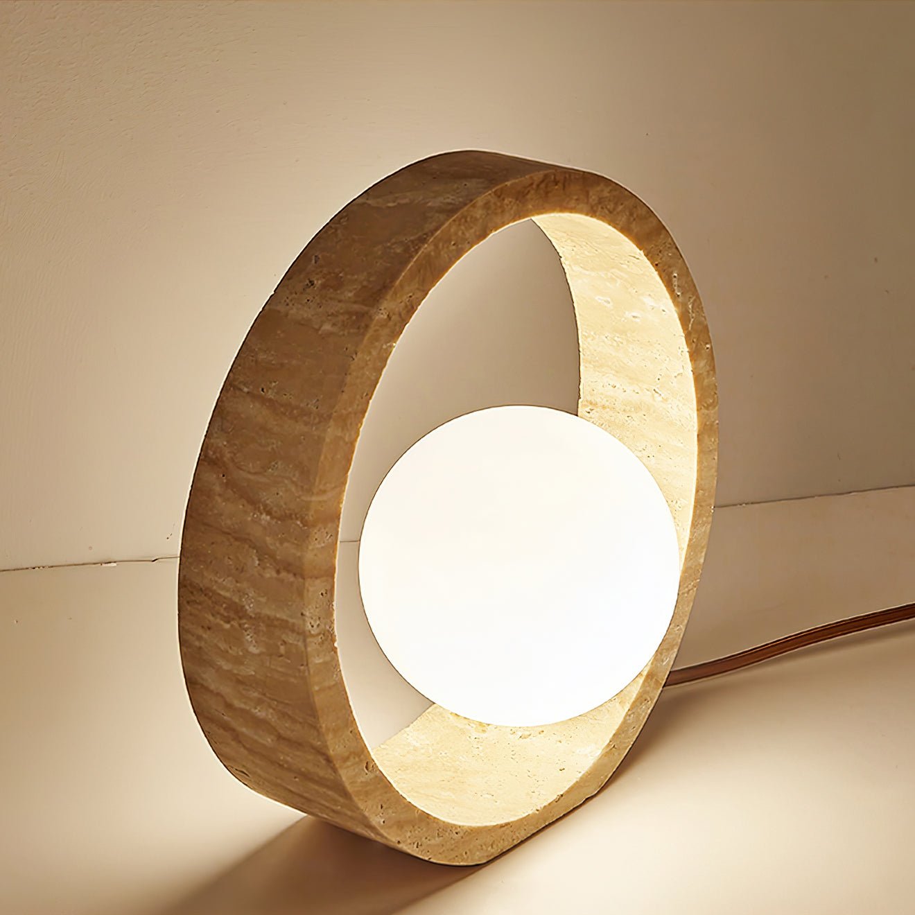 Orzore Circular Travertine Table Lamp-Neutral Decor