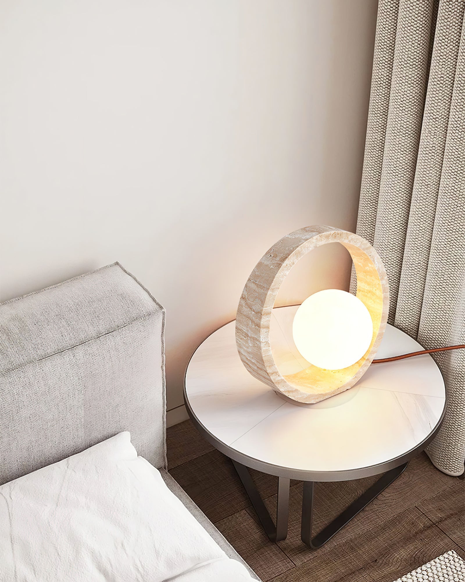 Orzore Circular Travertine Table Lamp-Neutral Decor