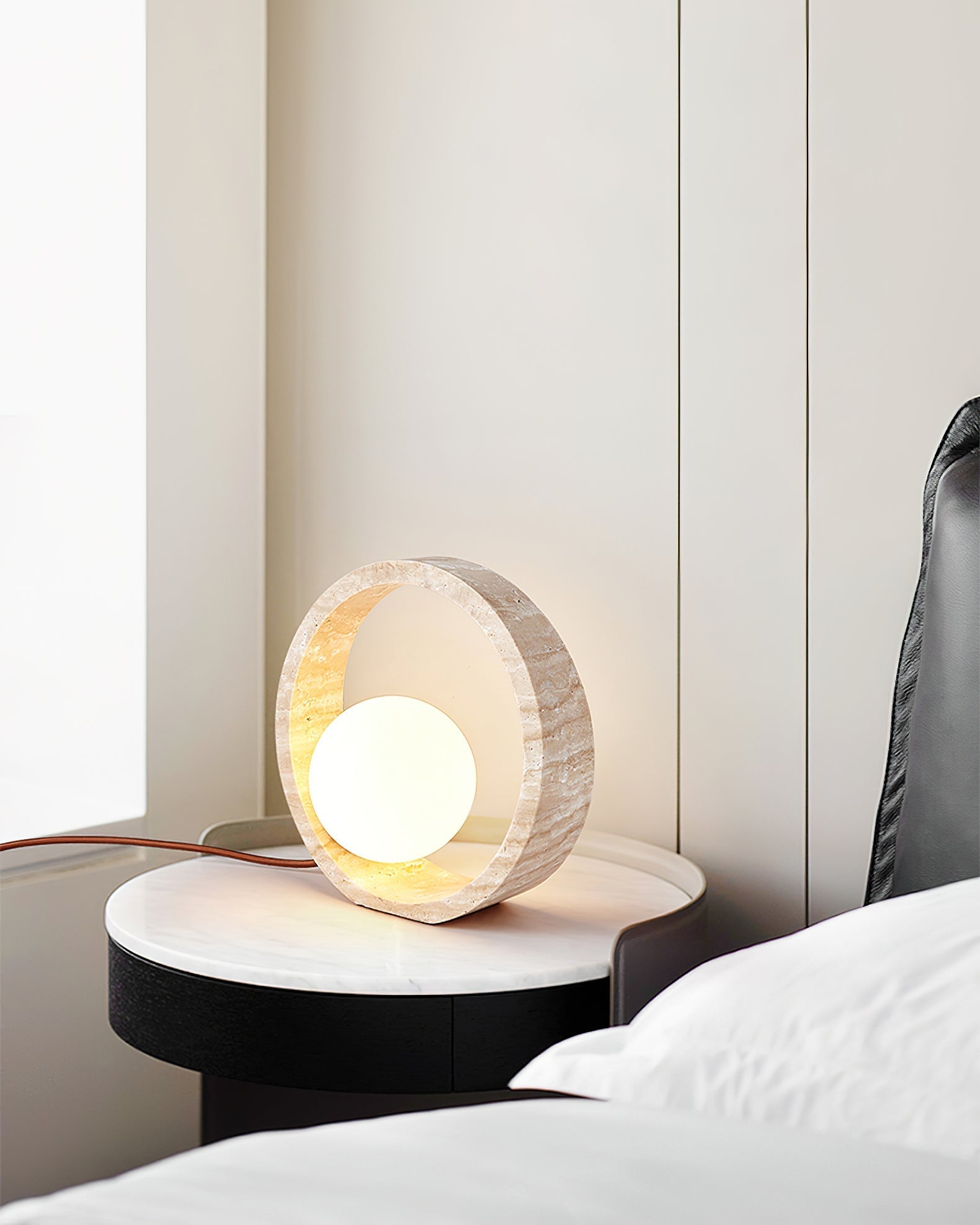 Orzore Circular Travertine Table Lamp-Neutral Decor