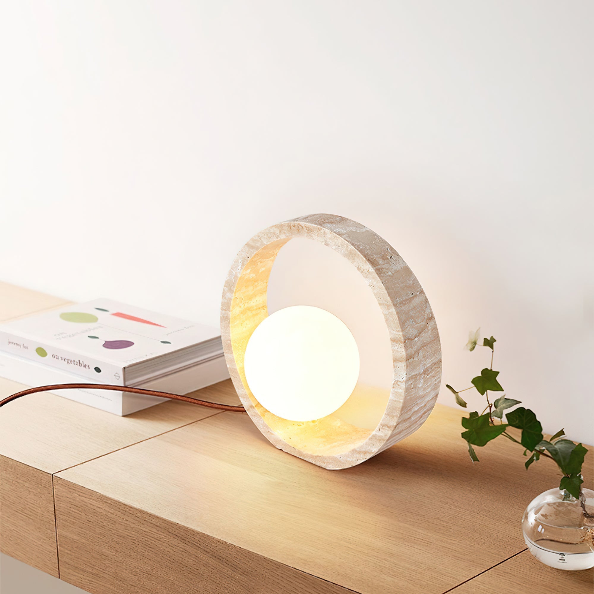 Orzore Circular Travertine Table Lamp-Neutral Decor